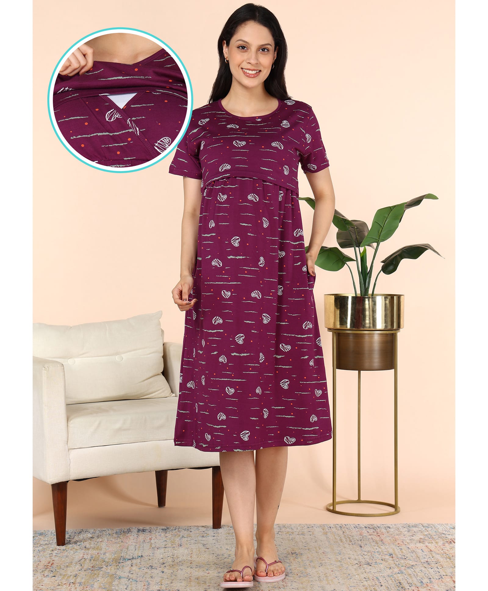 Moms Ever Knitted Knit Half Sleeves Hearts Printed Nighty With Overlap Nursing Access - Wine-image-22