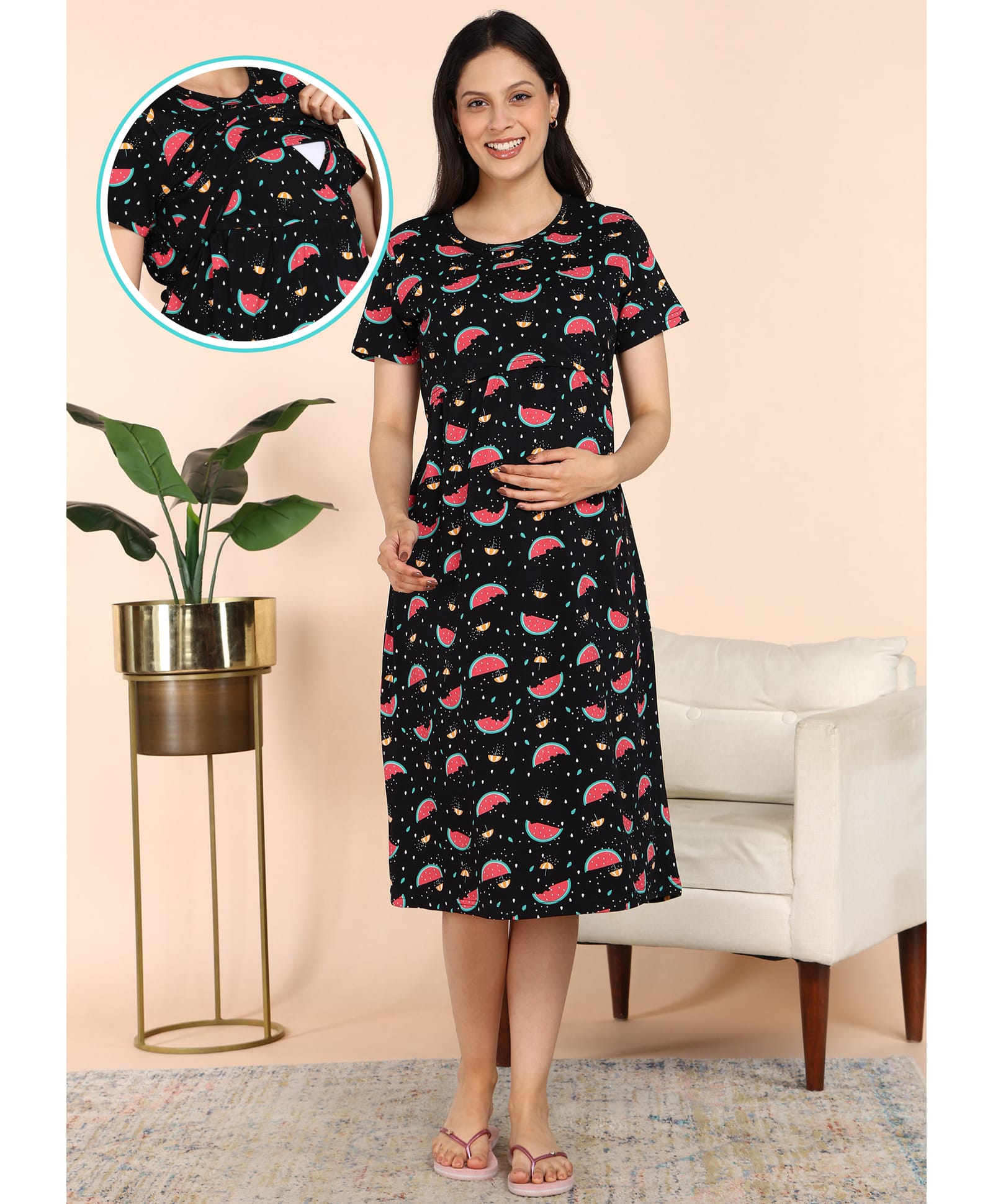 Moms Ever Knitted Knit Half Sleeves Watermelons Printed Nighty With Overlap Nursing Access - Black-picture-15