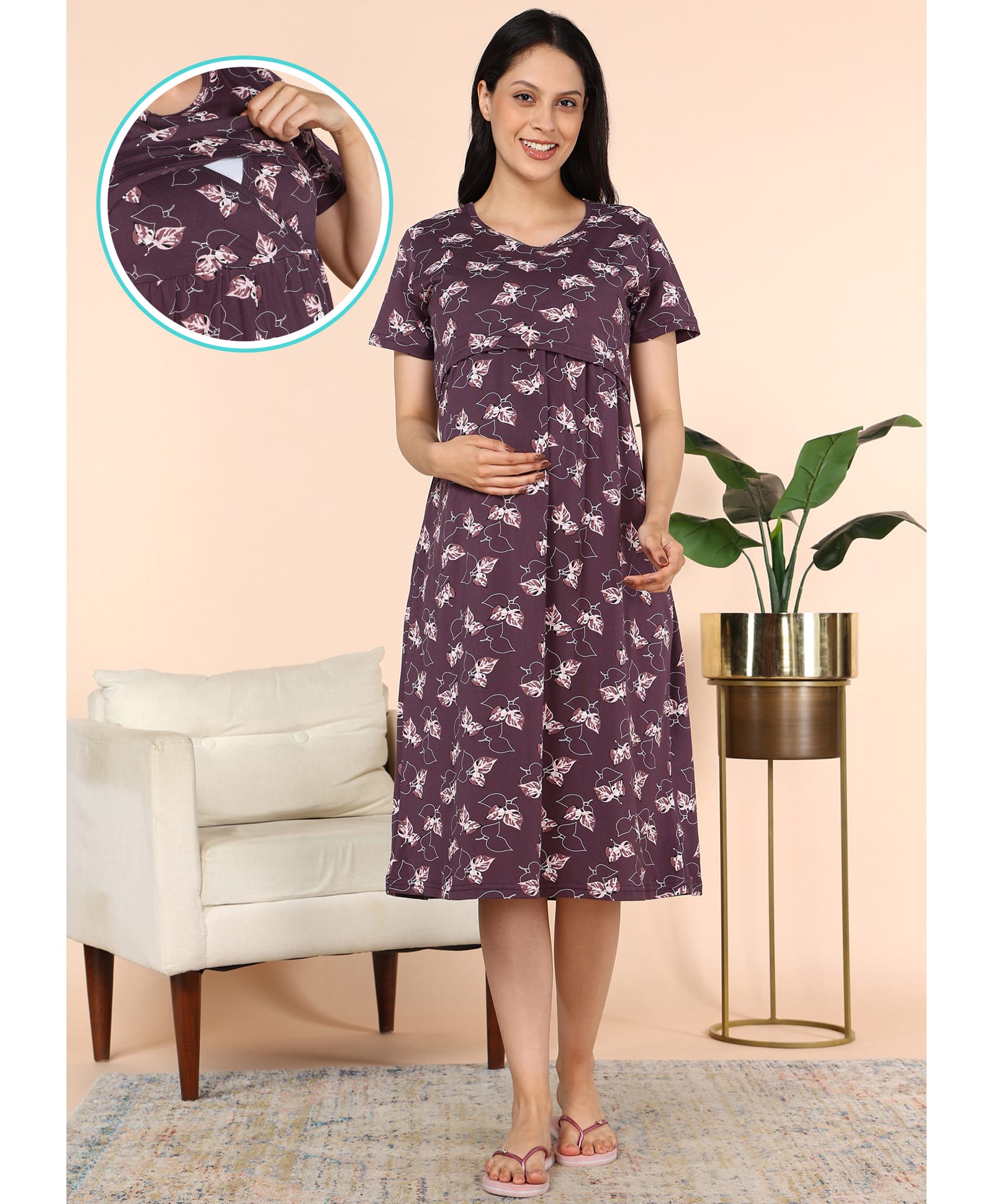 Moms Ever Knitted Knit Half Sleeves Leaves Printed Nighty With Overlap Nursing Access - Plum-image-33