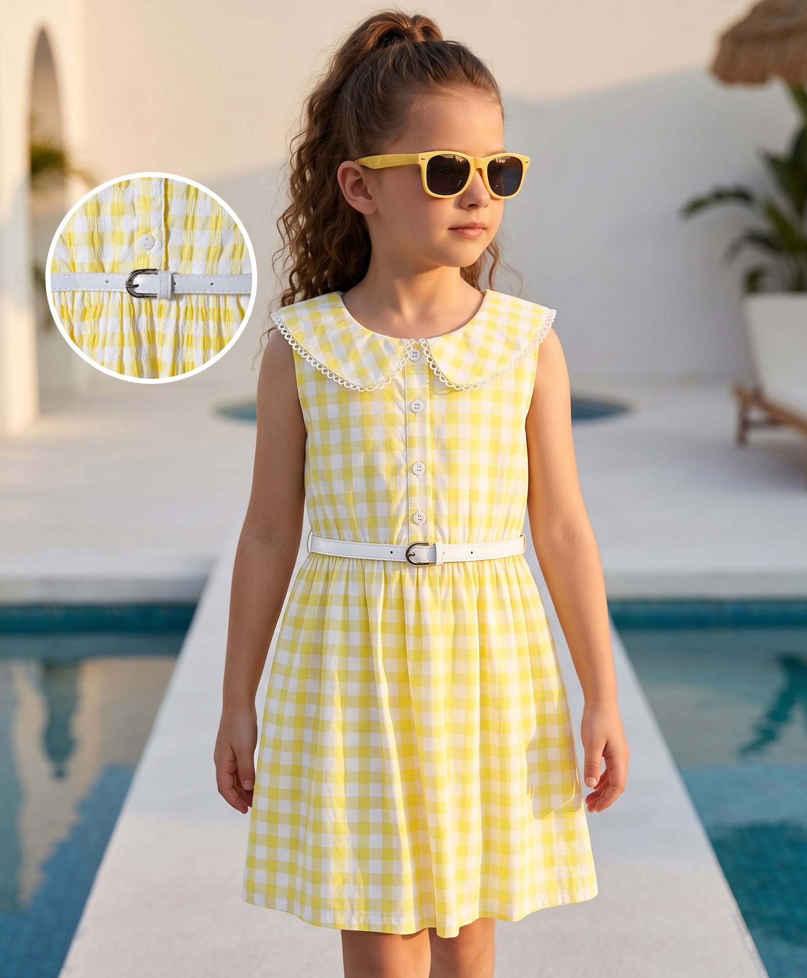 Hola Bonita Woven Sleeveless Checked Peter Pan Collar Dress With Belt & Lace Detailing - Yellow-image-28