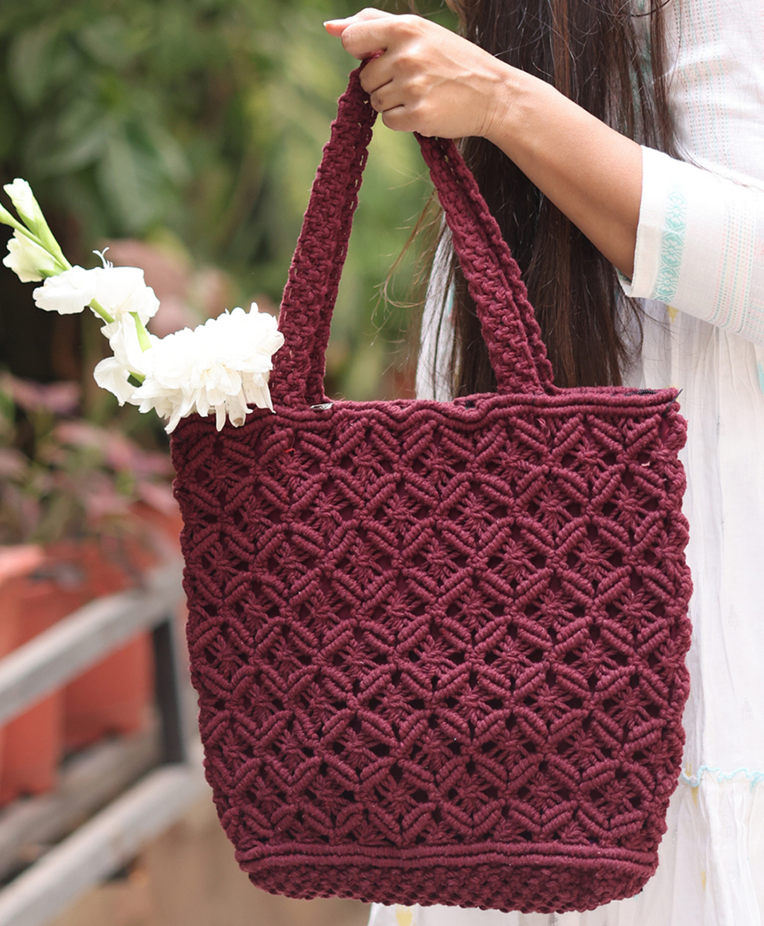 Sarmaya Maroon Macrame Tote Bag-picture-13