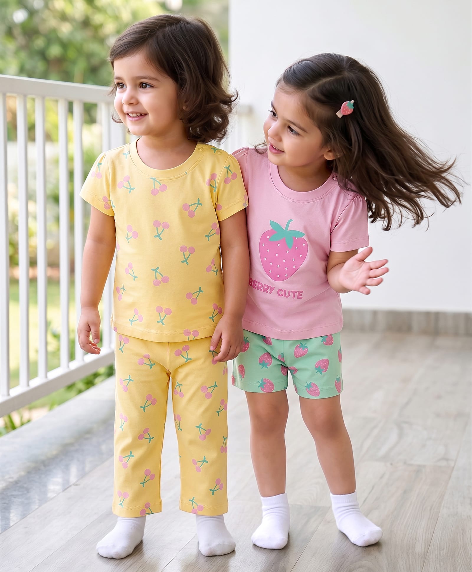 Babyhug Cotton Knit Half Sleeves T-Shirt Pyjama & Shorts Night Suit with Strawberry Print Pack of 2 - Yellow & Pink-image-27