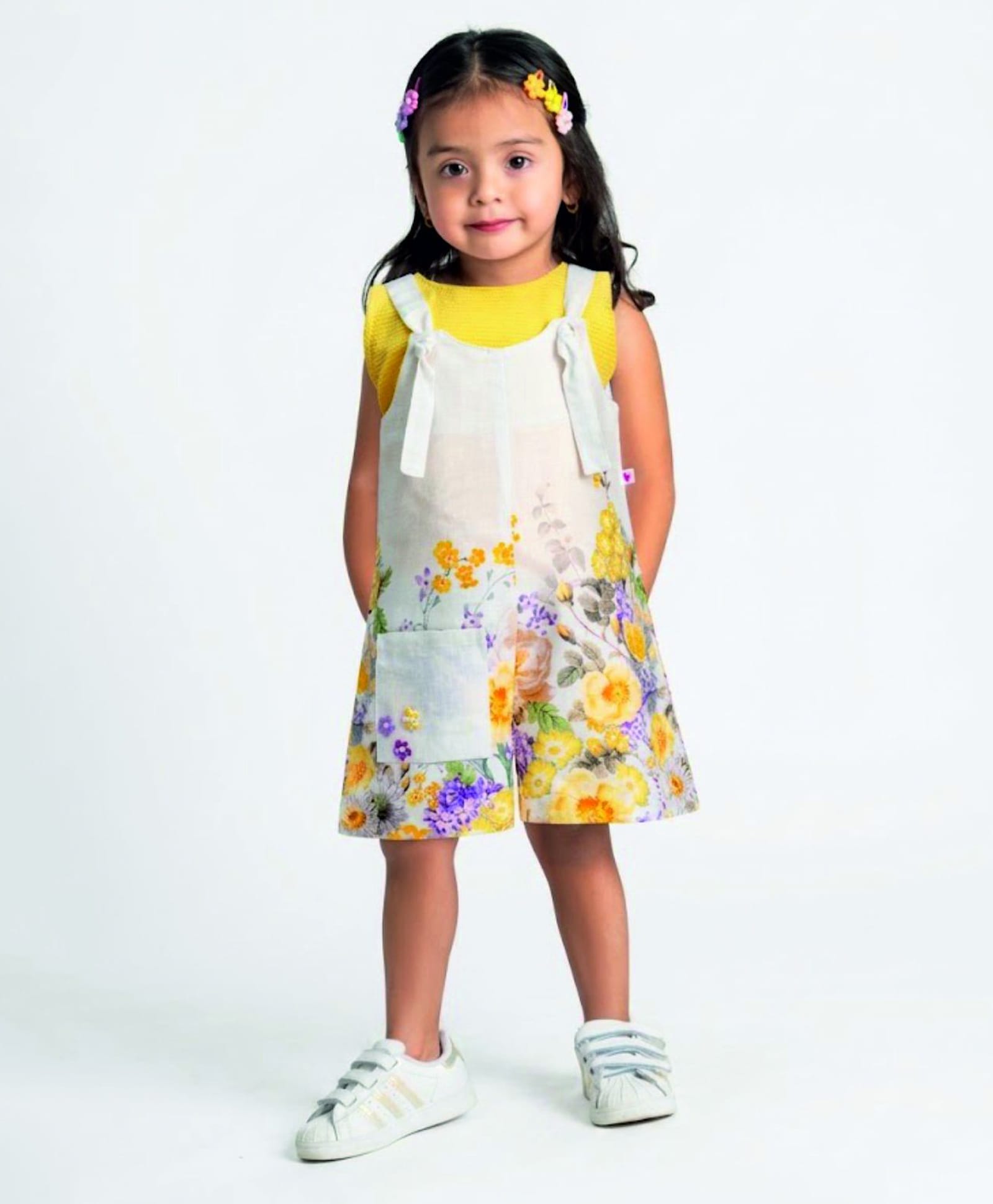 Rose Couture Cotton Blend Woven Floral Printed Dungaree With Sleeveless Solid Tee - Yellow-image-45