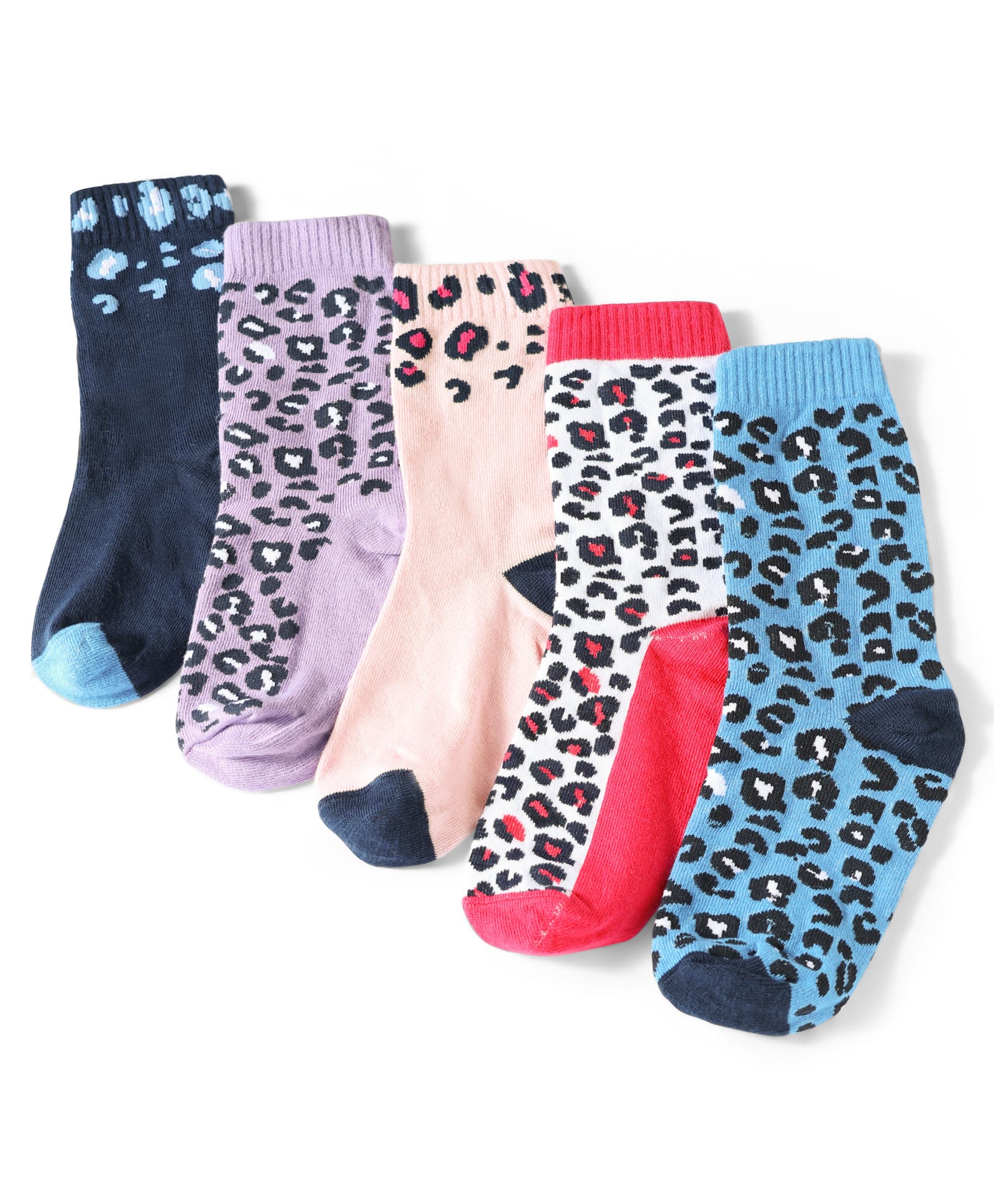 Pine Kids Cotton Knit Ankle Length Leopard Design Socks Pack of 5 - Pink Blue & Purple-image-14