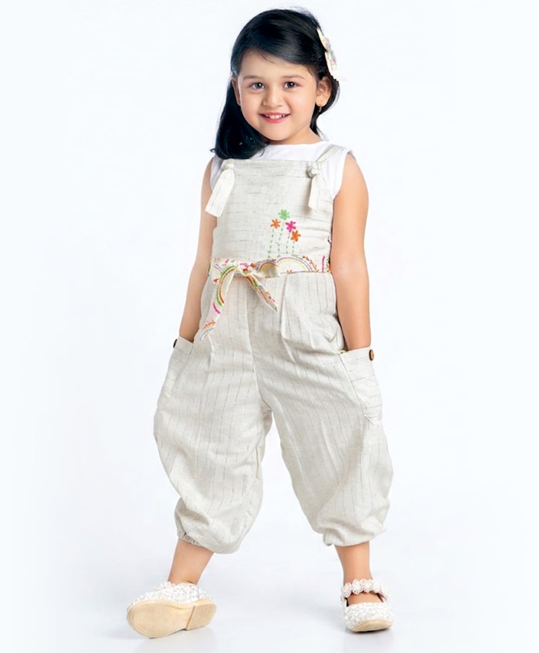 Rose Couture Cotton Blend Woven Hand Embroidery Dungaree With Sleeveless Top - Grey-picture-16