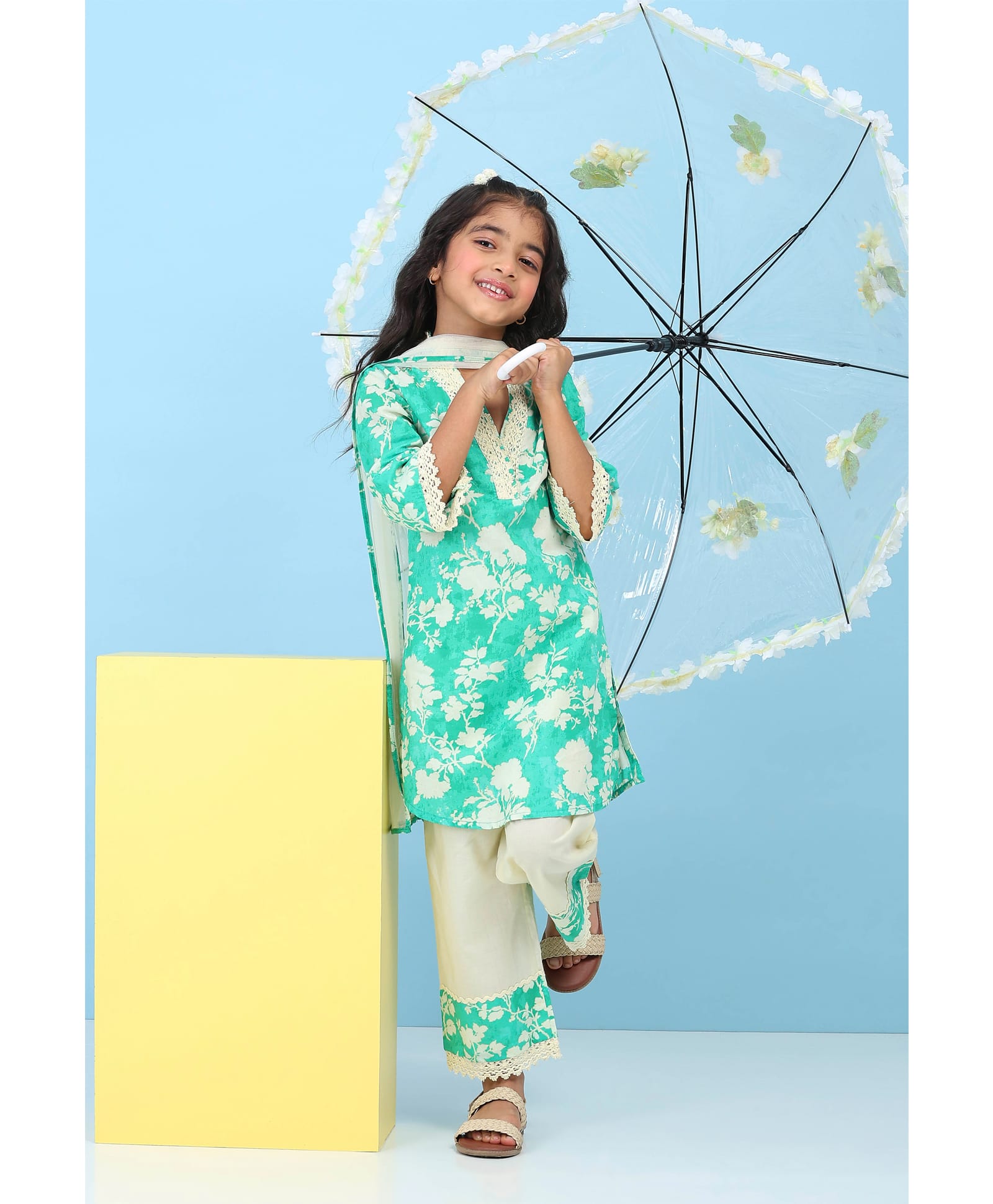 BIBA Cotton Woven Three Fourth Sleeves Floral Printed Lace Embellished Kurti & Pants Set - Green-picture-12