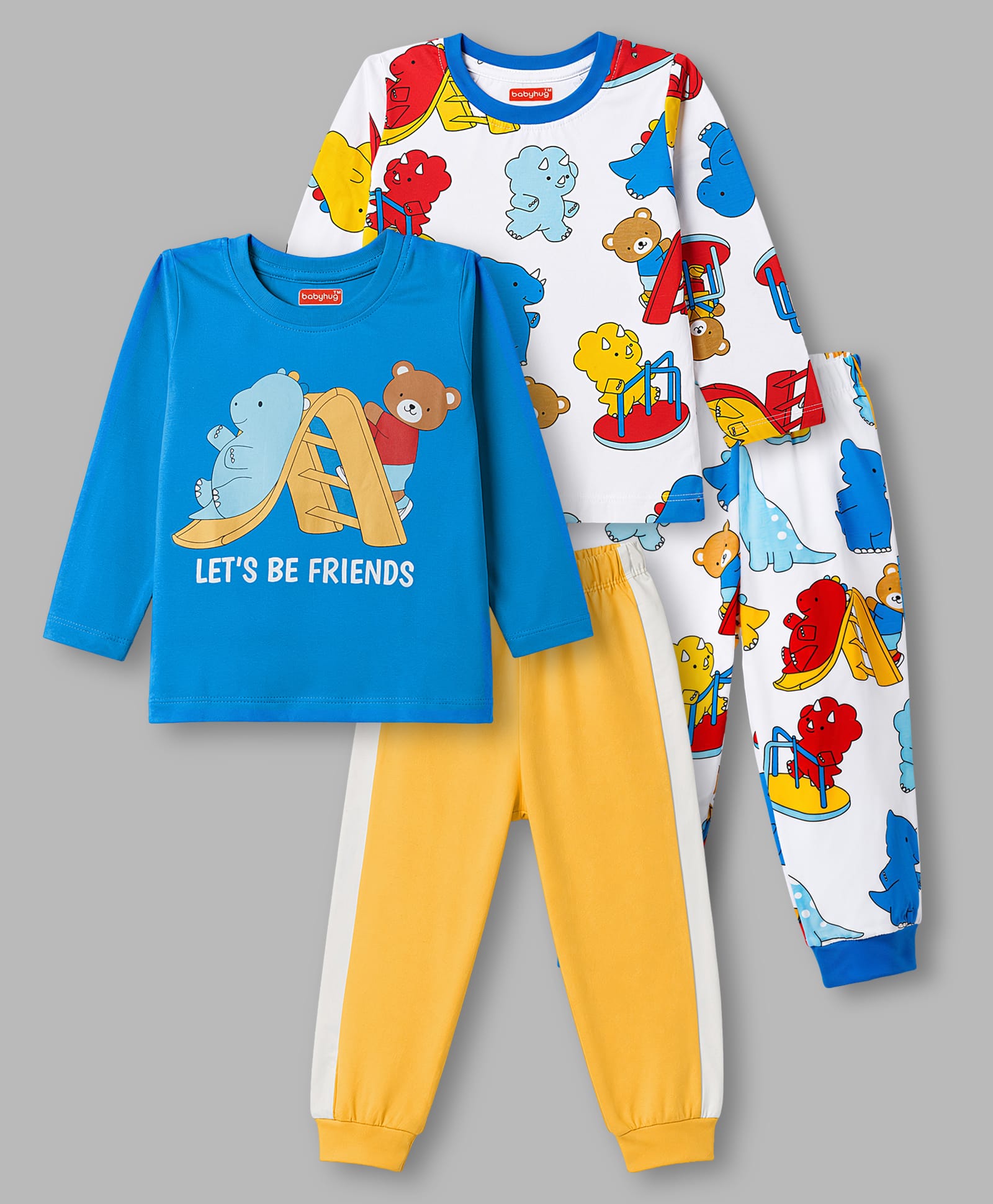 Babyhug Cotton Knit Full Sleeves Animals Printed Co-Ords T-Shirt & Pyjama Night Suit Pack of 2 -Multicolour-image-44