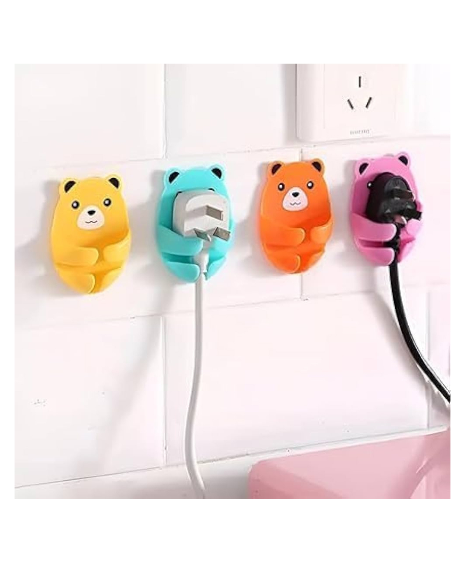 ULIFESTYLE Cute Bear Plug Hook Wall Holder Decorative Animal Design Wall Hook for Charger Adapter & Plug Storage Strong Adhesive Organizer for Home, Bedroom, Kitchen & Office - Pack 4 (Multicolor)-image-2