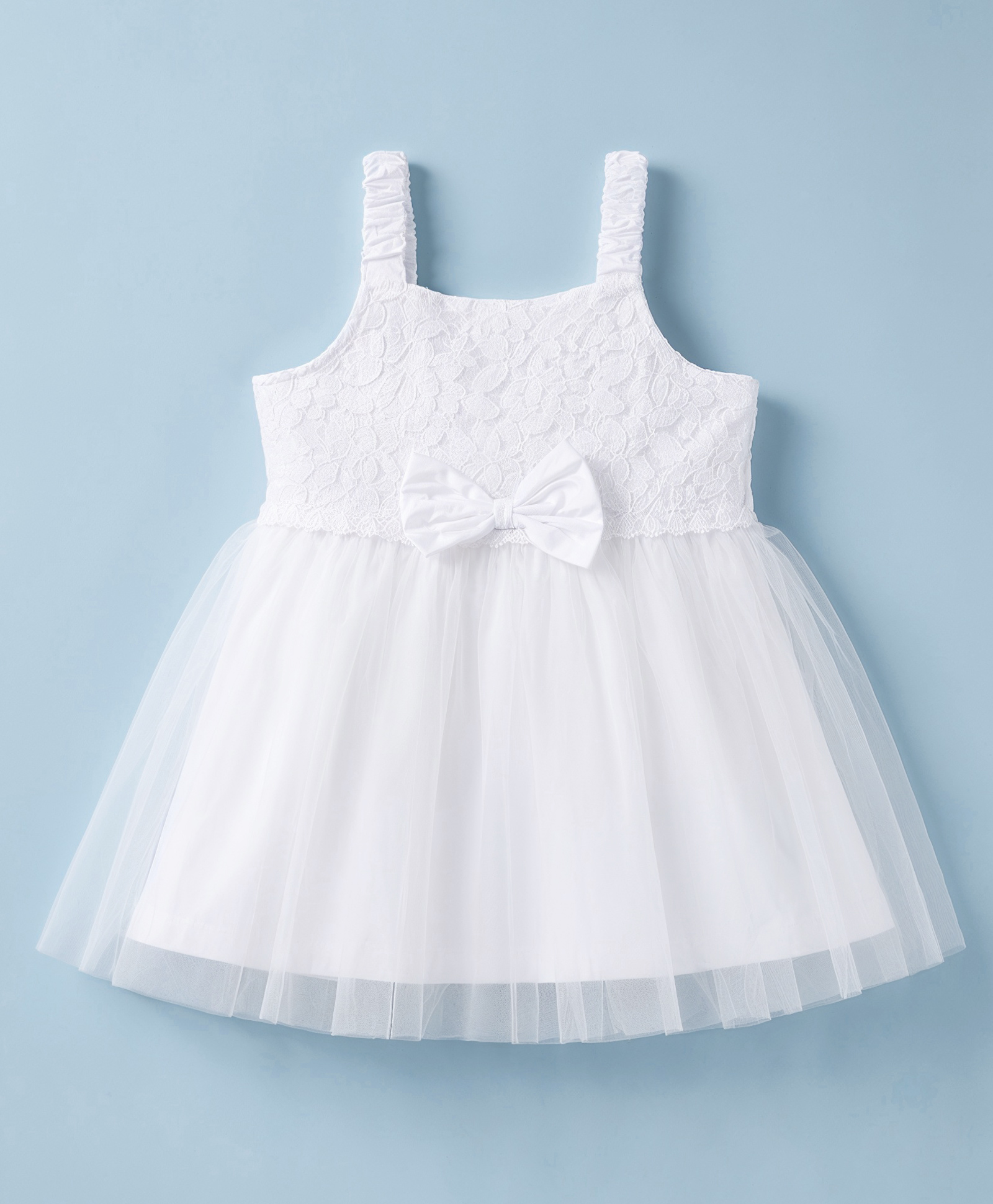 Babyhug Mesh Woven Sleeveless Solid Colour Frock with Bow Applique - White-image-34