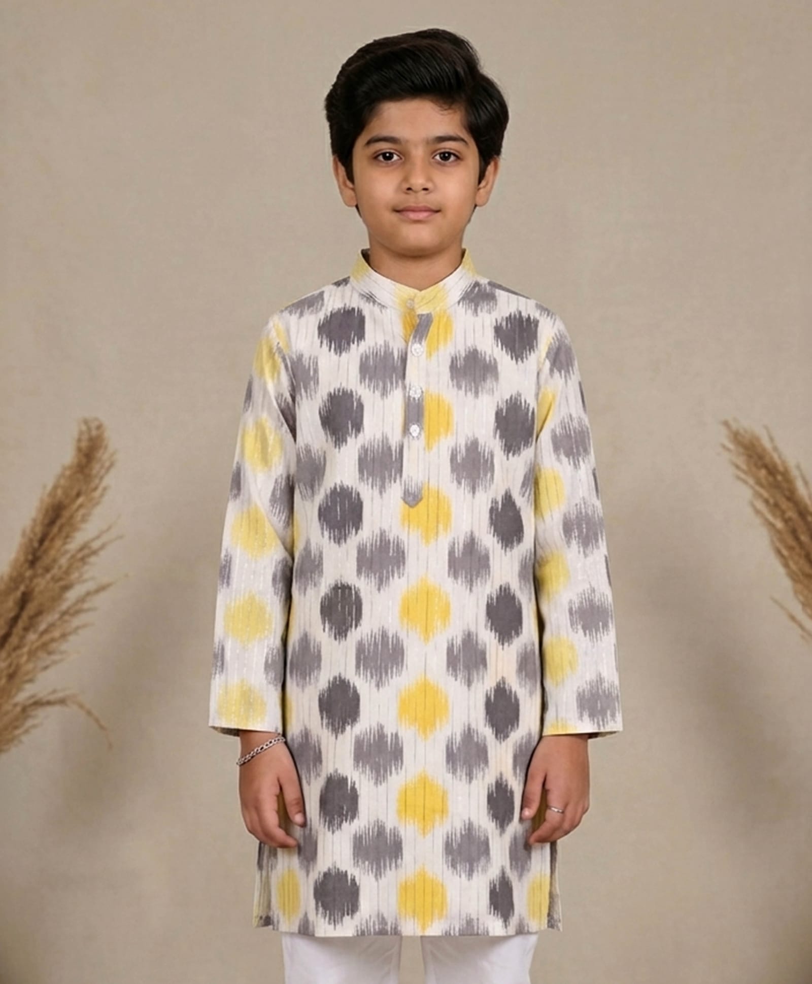 Kiddopanti Cotton Woven Full Sleeves Abstract Printed Kurta - Off White & Grey-picture-20