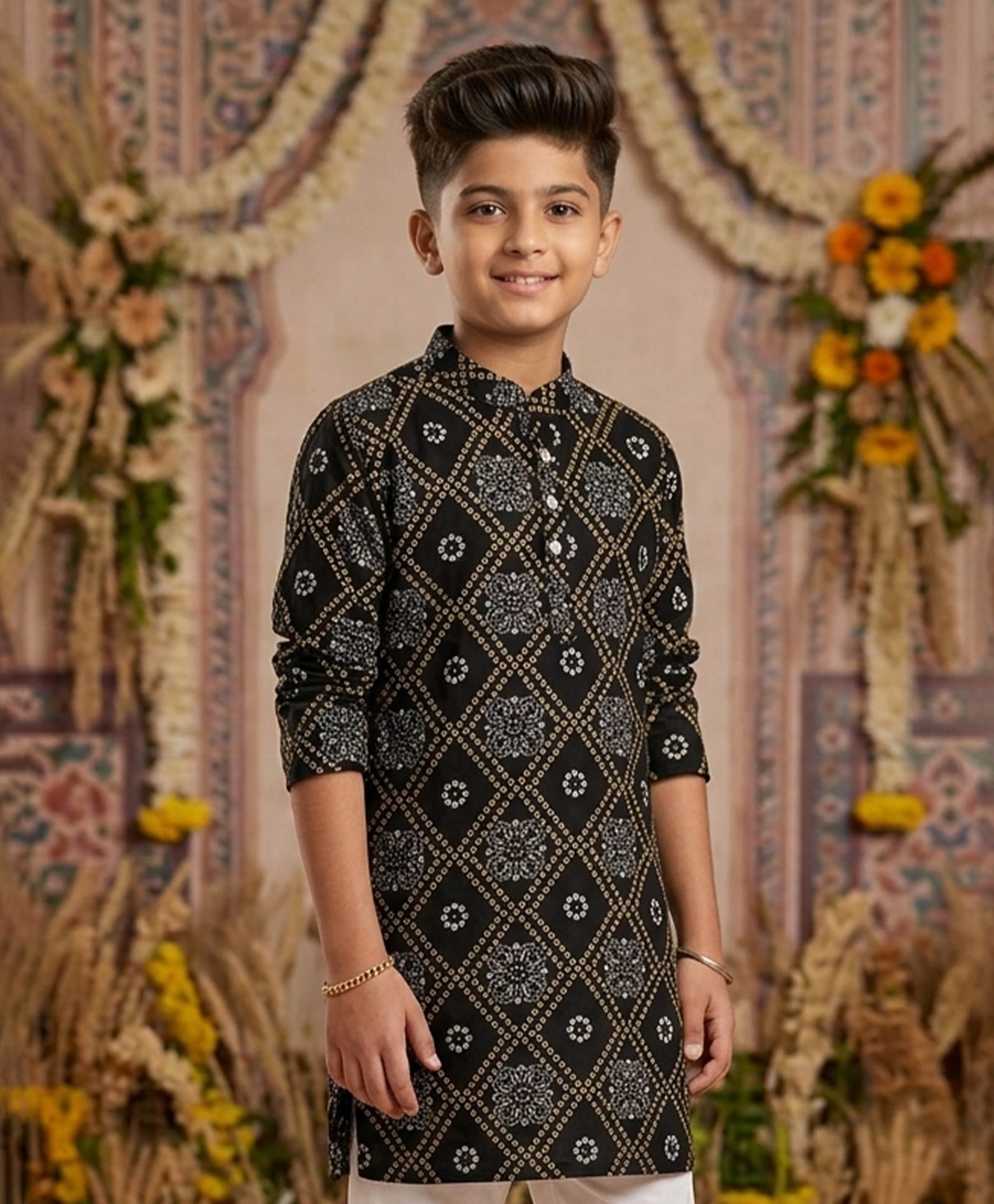 Kiddopanti Cotton Woven Full Sleeves Bandhani Printed Kurta - Black & Beige-picture-12
