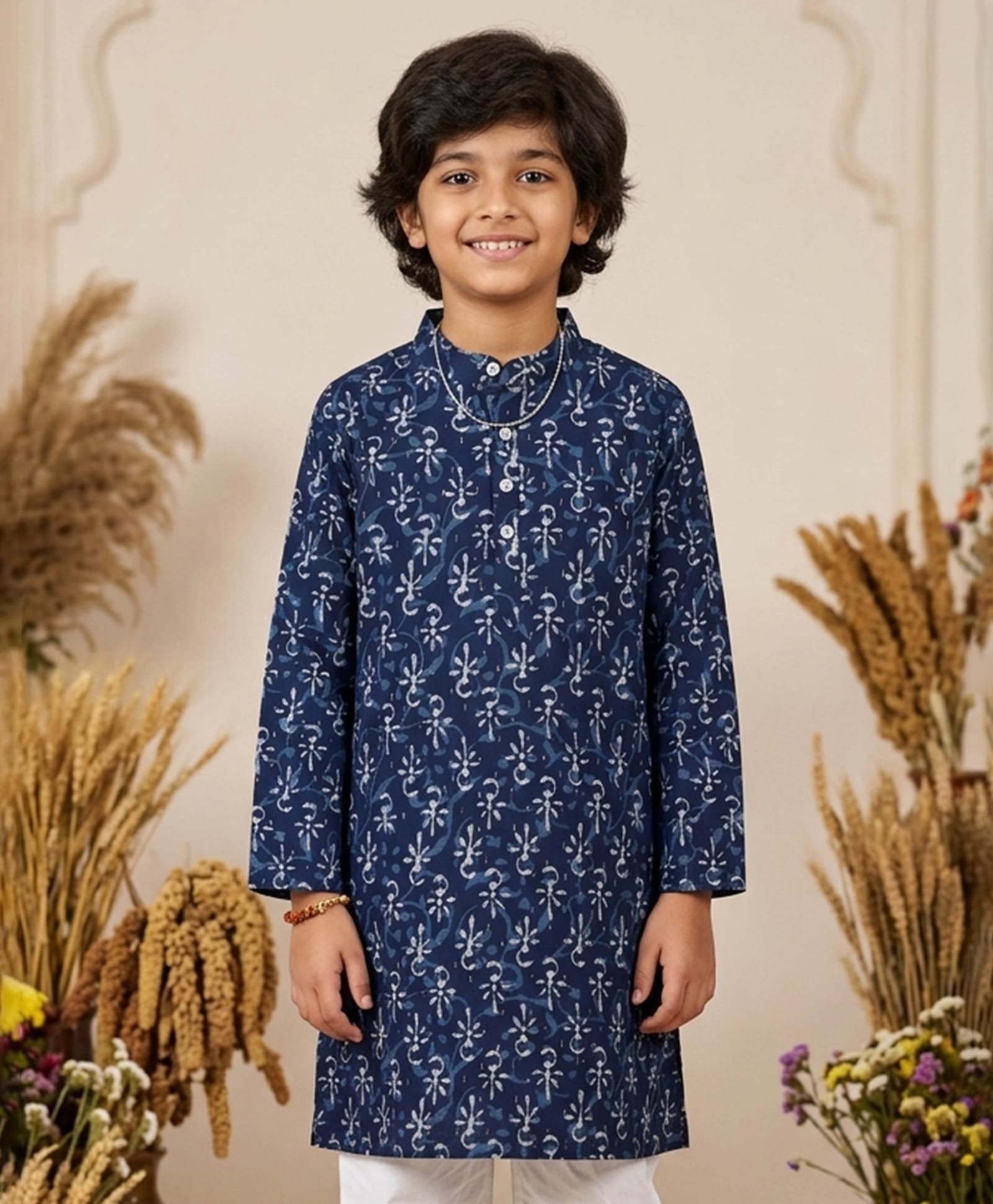 Kiddopanti Cotton Woven Full Sleeves Floral Printed Kurta - Indigo Blue-picture-28