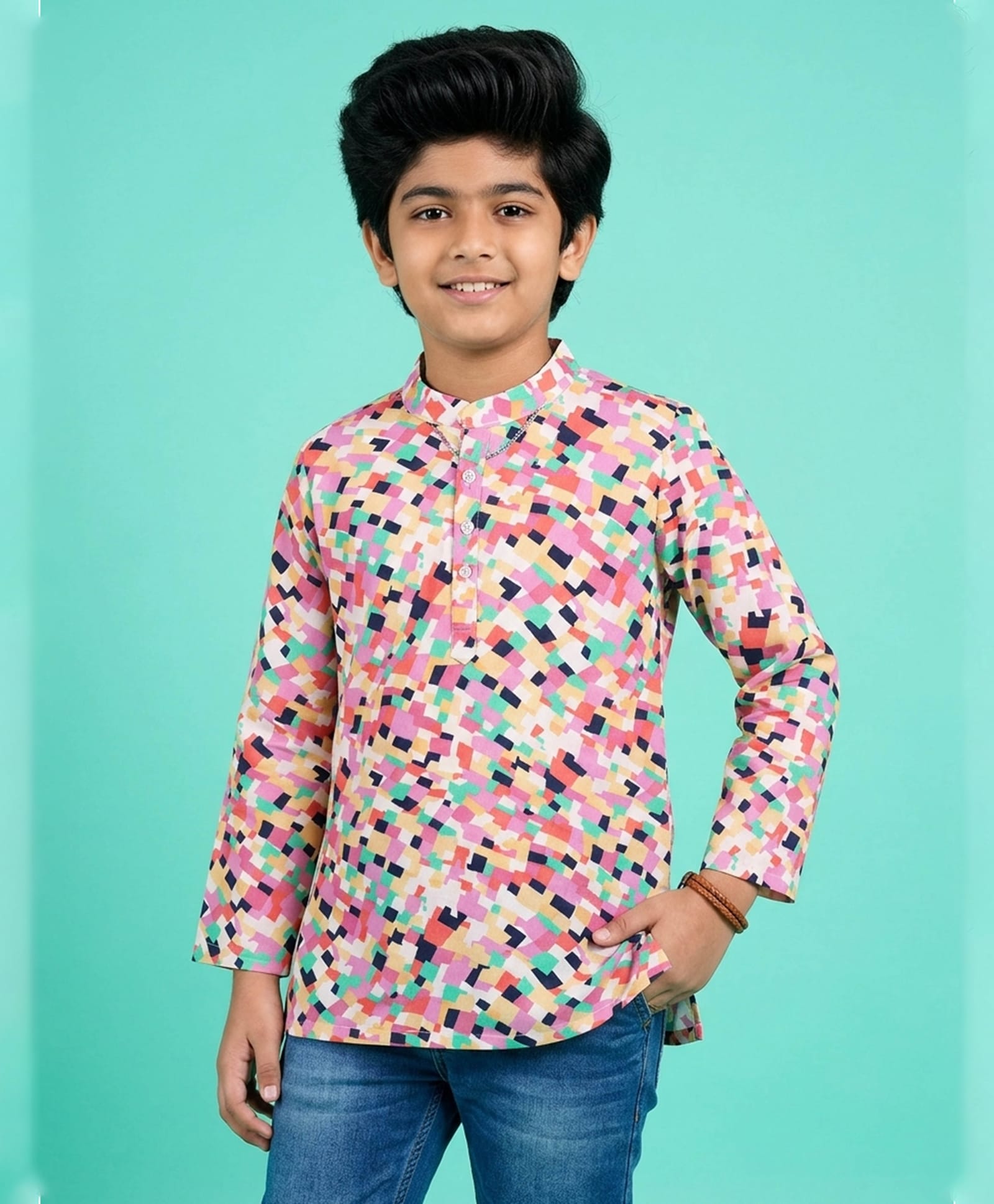Kiddopanti Cotton Woven Full Sleeves Geometric Printed Kurta - Multi Colour-image-30