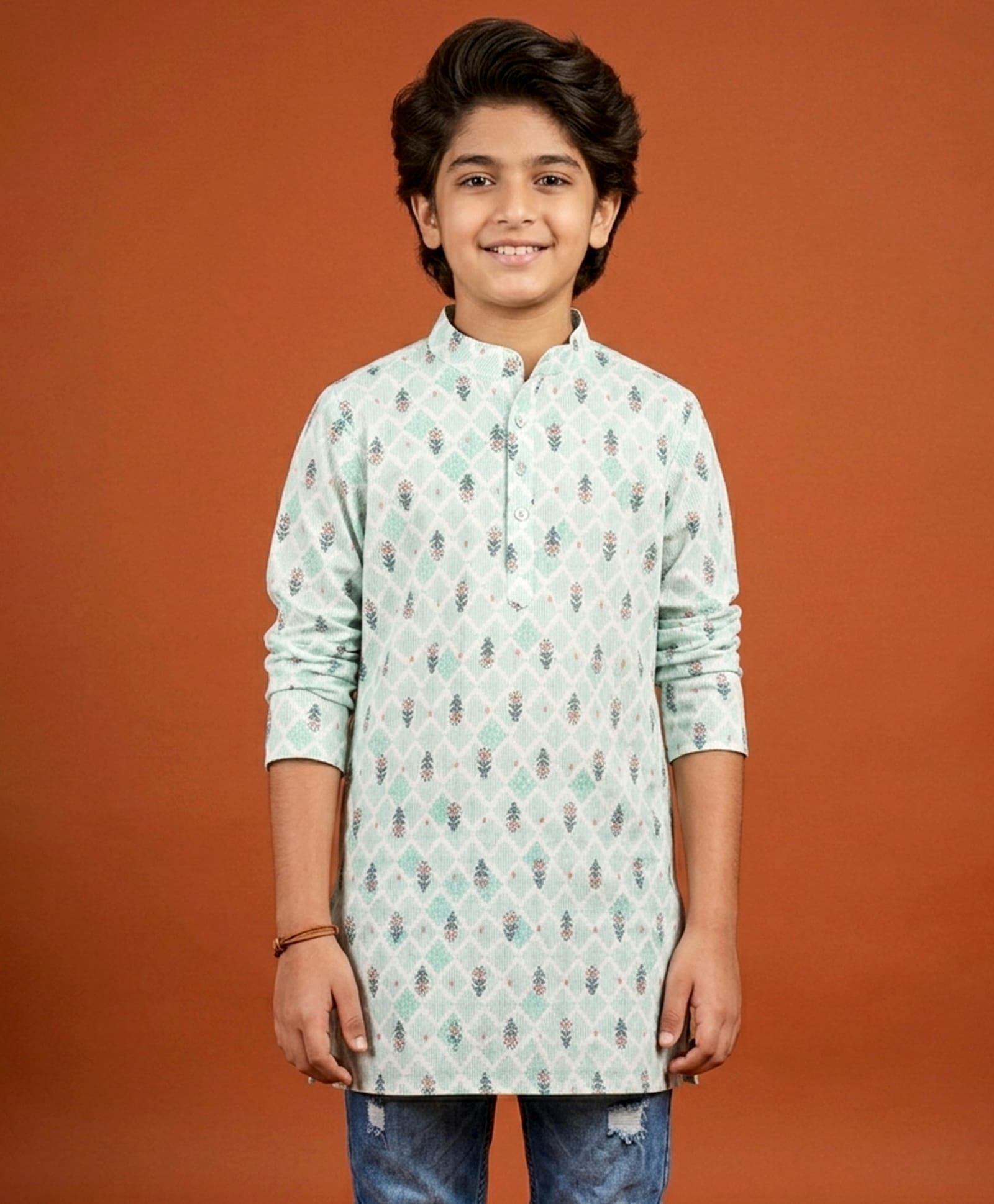 Kiddopanti Cotton Woven Full Sleeves Floral Printed Kurta - Green-picture-36