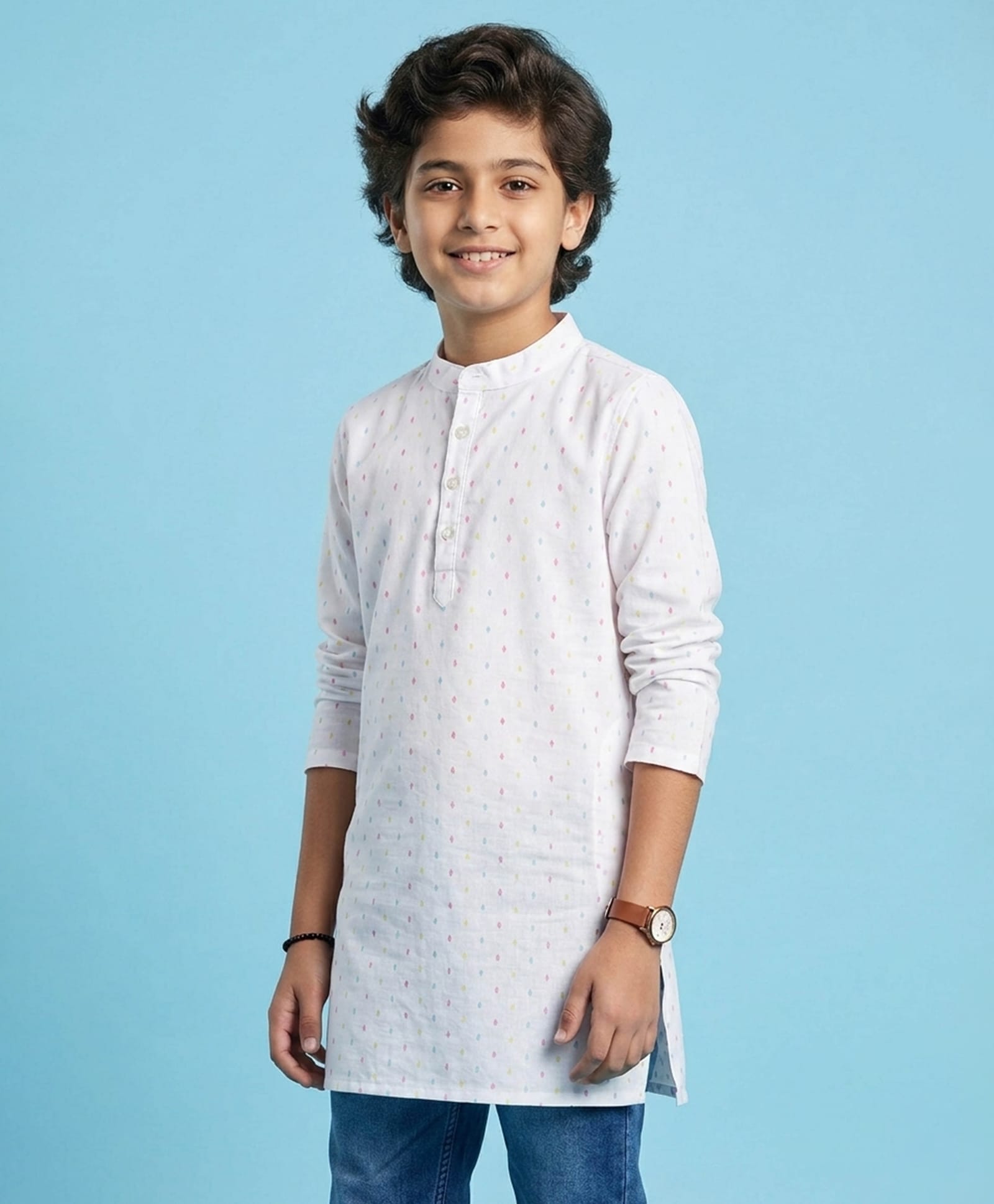 Kiddopanti Cotton Woven Full Sleeves Abstract Printed Kurta - White-image-16