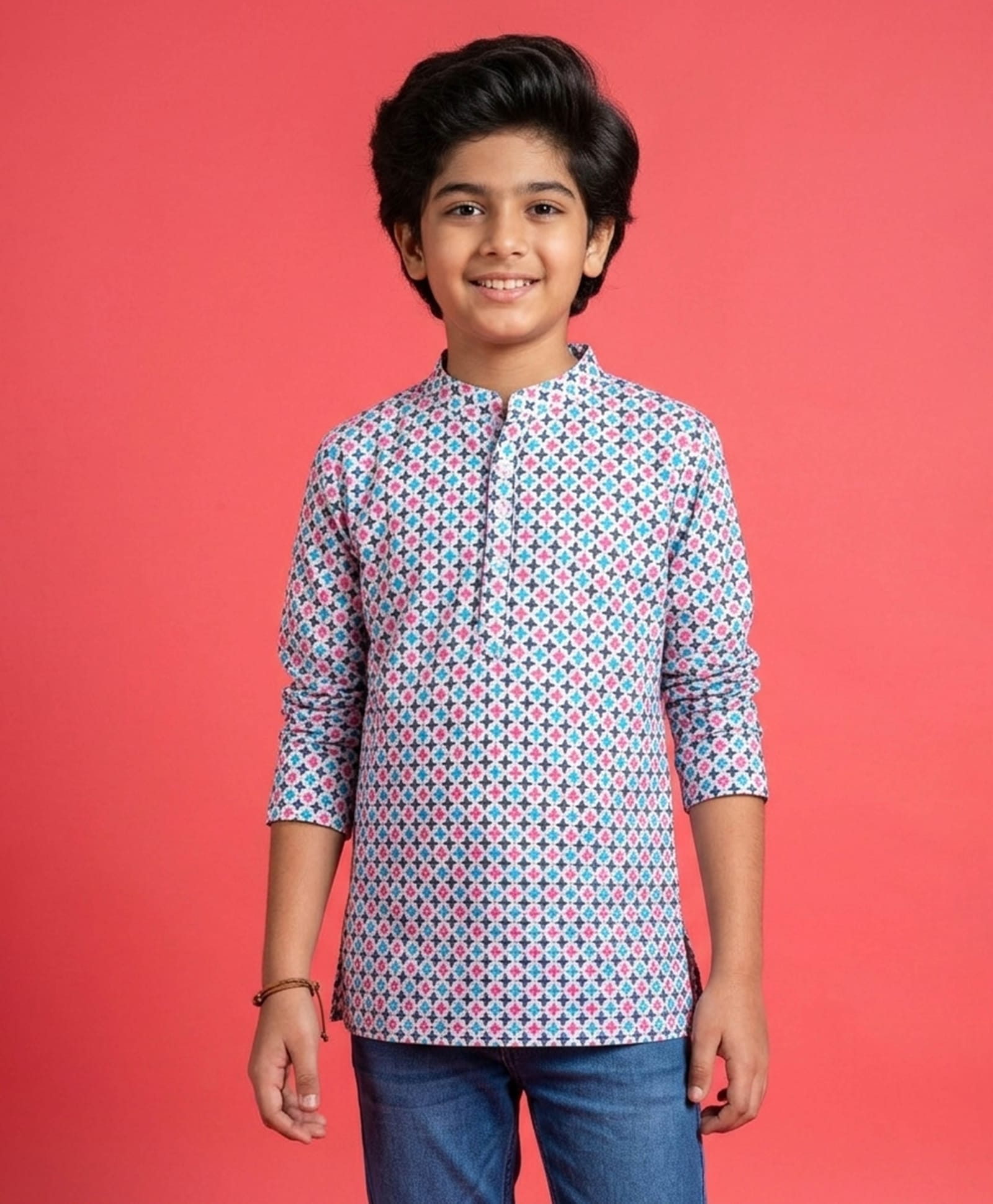 Kiddopanti Rayon Woven Full Sleeves Geometric Printed Kurta - Off White-picture-25