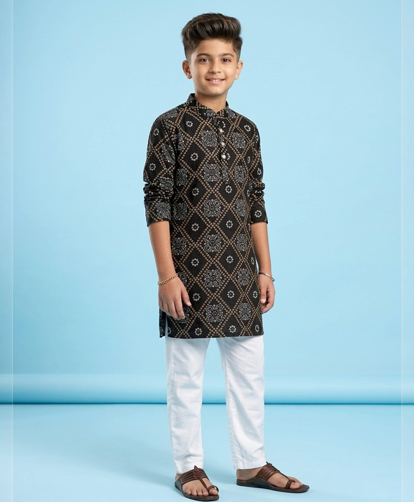 Kiddopanti Cotton Woven Full Sleeves Bandhani Printed Kurta & Pyjama Set - Black Beige & White-image-18
