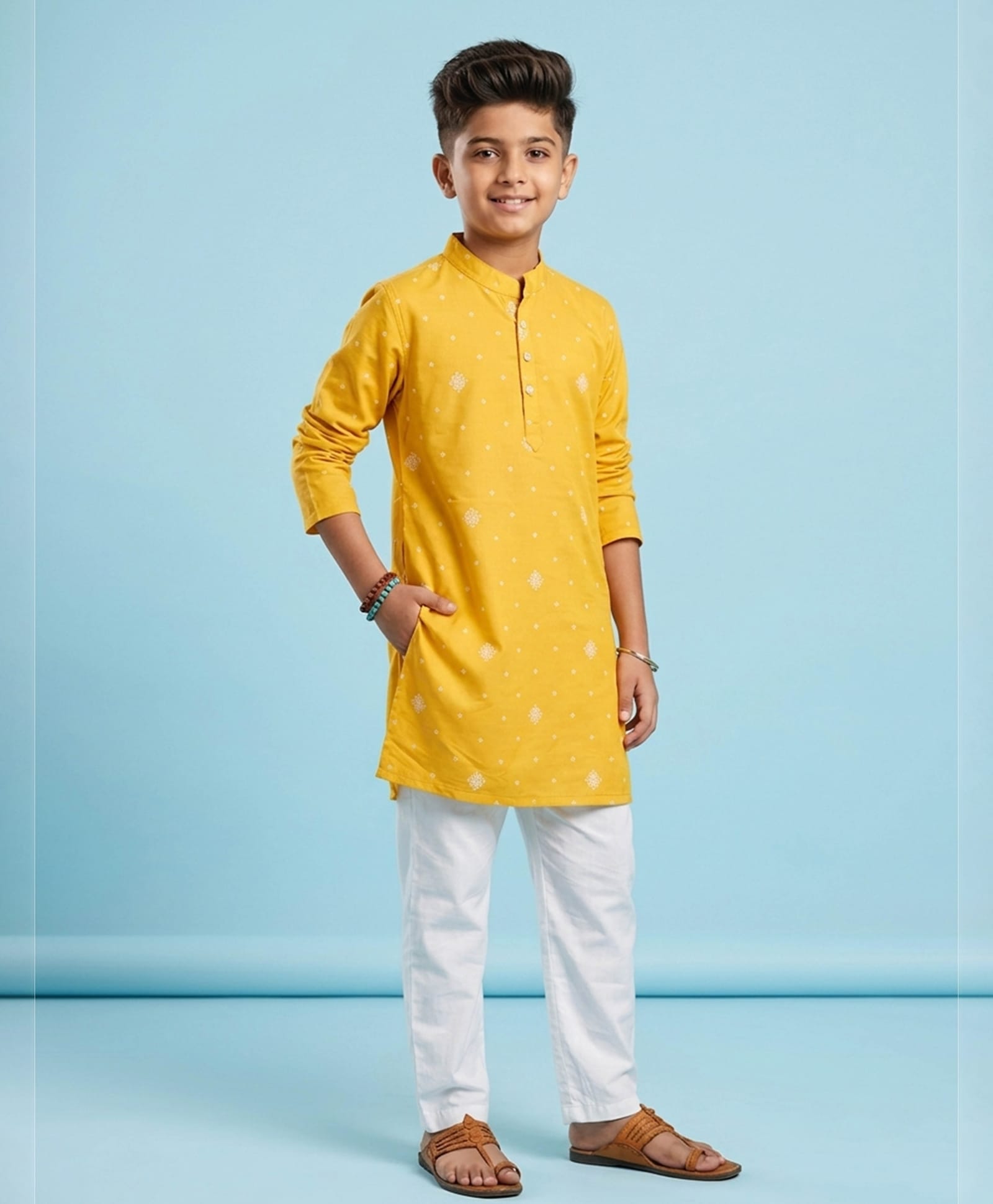 Kiddopanti Rayon Woven Full Sleeves Abstract Printed Kurta & Pyjama Set - Mustard & White-image-48