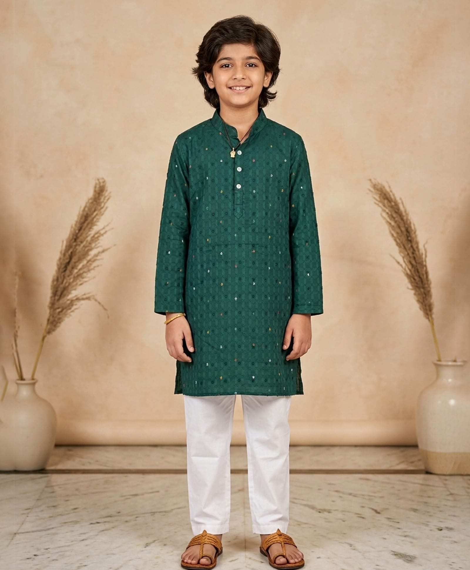 Kiddopanti Cotton Woven Full Sleeves Abstract Embroidered Kurta & Pyjama Set - Teal Green & White-picture-14