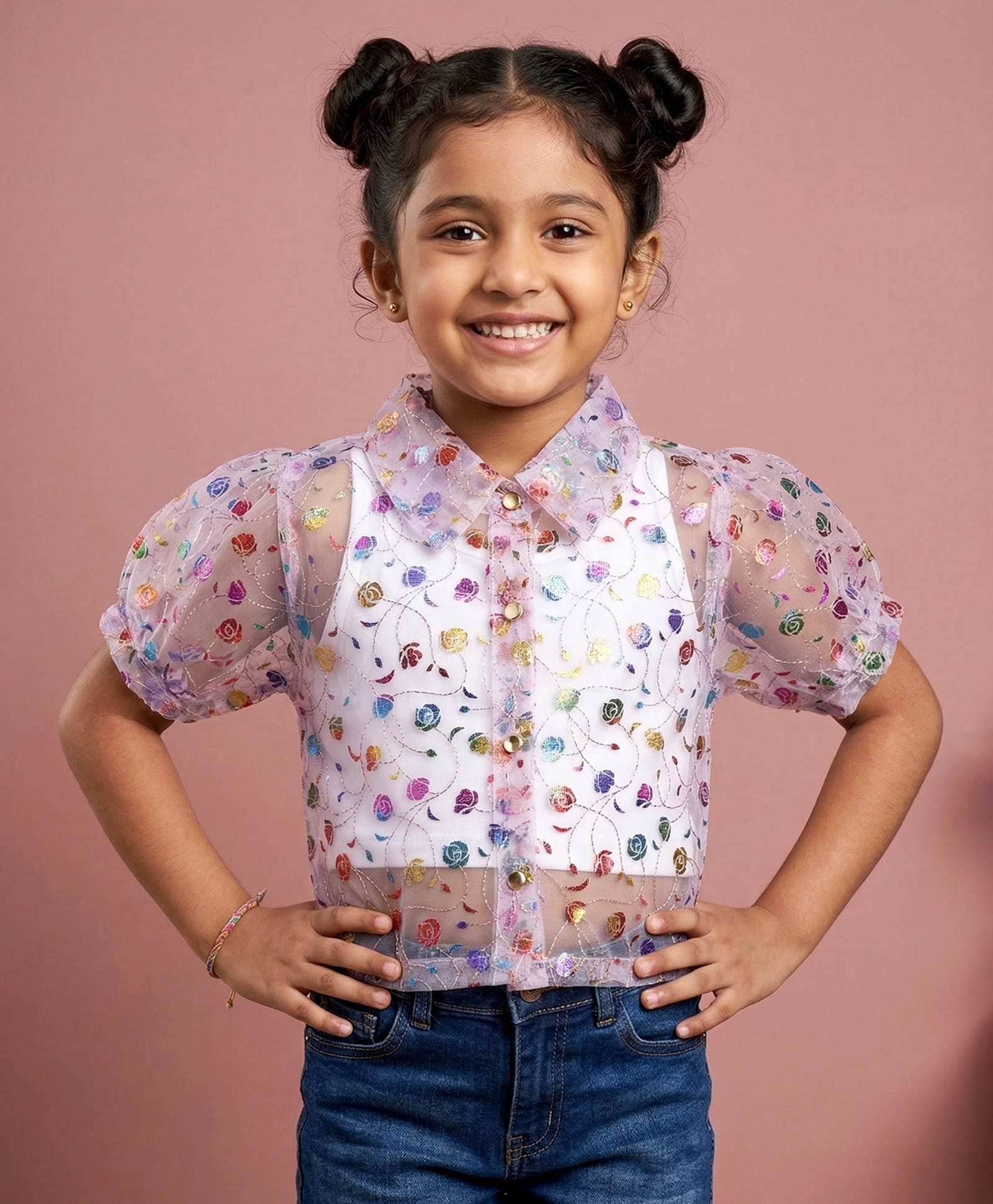 Kiddopanti Cotton Spandex Half Sleeves Floral Foil Printed Shirt Style Top With Inner Set - Ivory Multi Colour & Baby Pink-picture-14