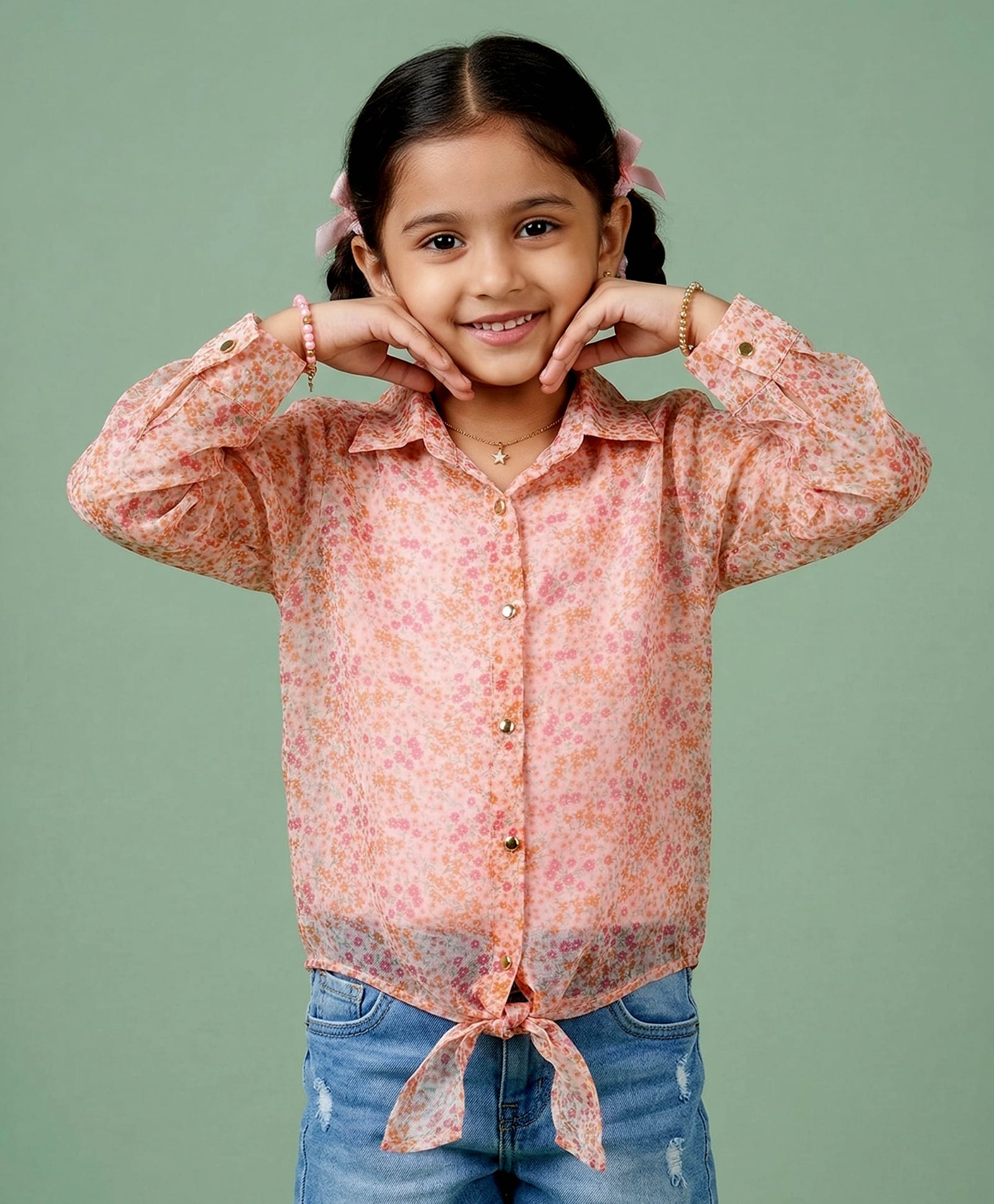 Kiddopanti Cotton Knit Full Sleeves Floral Printed Tie Up Detailed Shirt Style Top With Inner Set - Off White & Pale Blush-picture-22