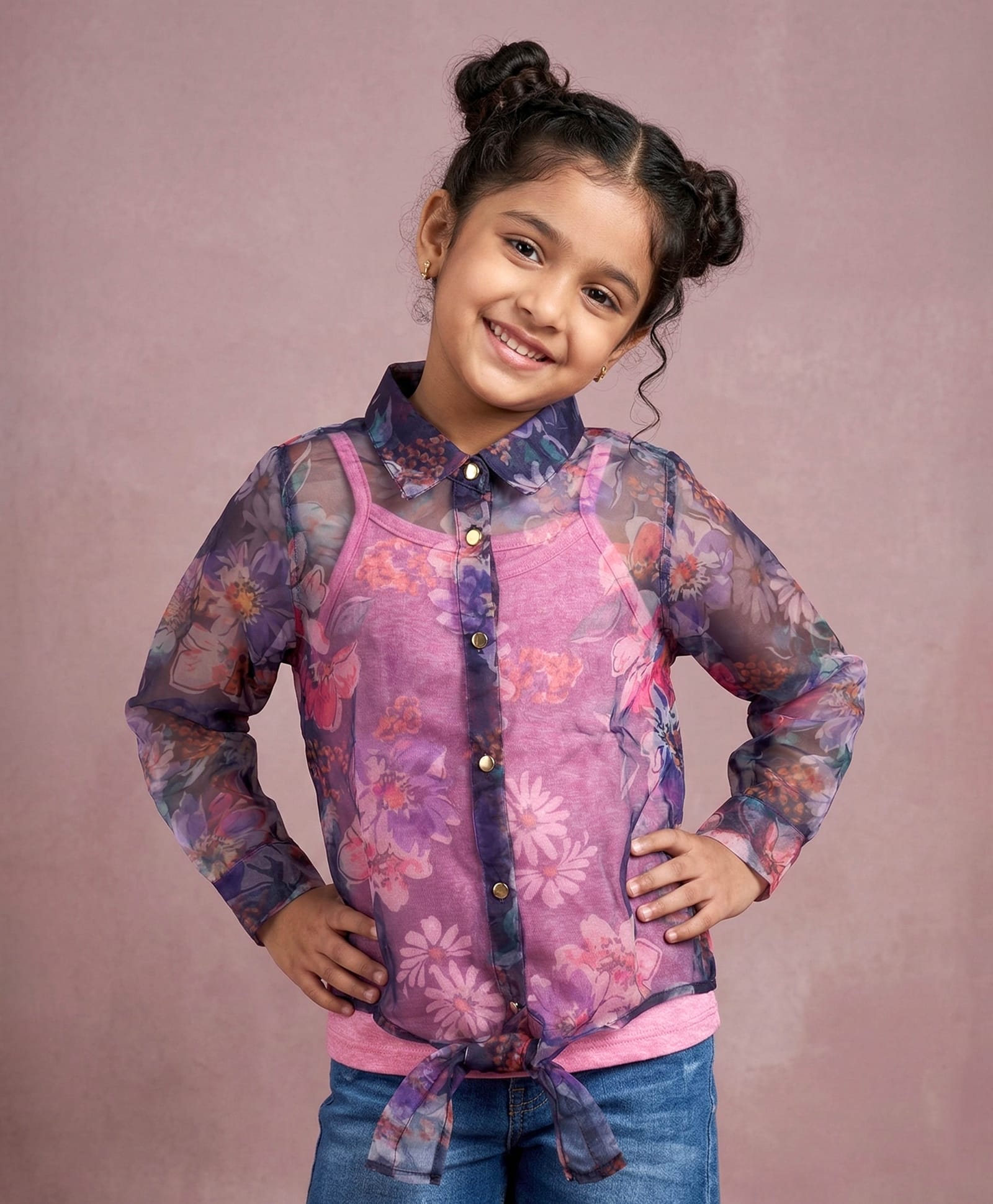 Kiddopanti Cotton Knit Full Sleeves Floral Printed Tie Up Detailed Shirt Style Top With Inner Set - Navy Blue Purple & Pink Melange-picture-21