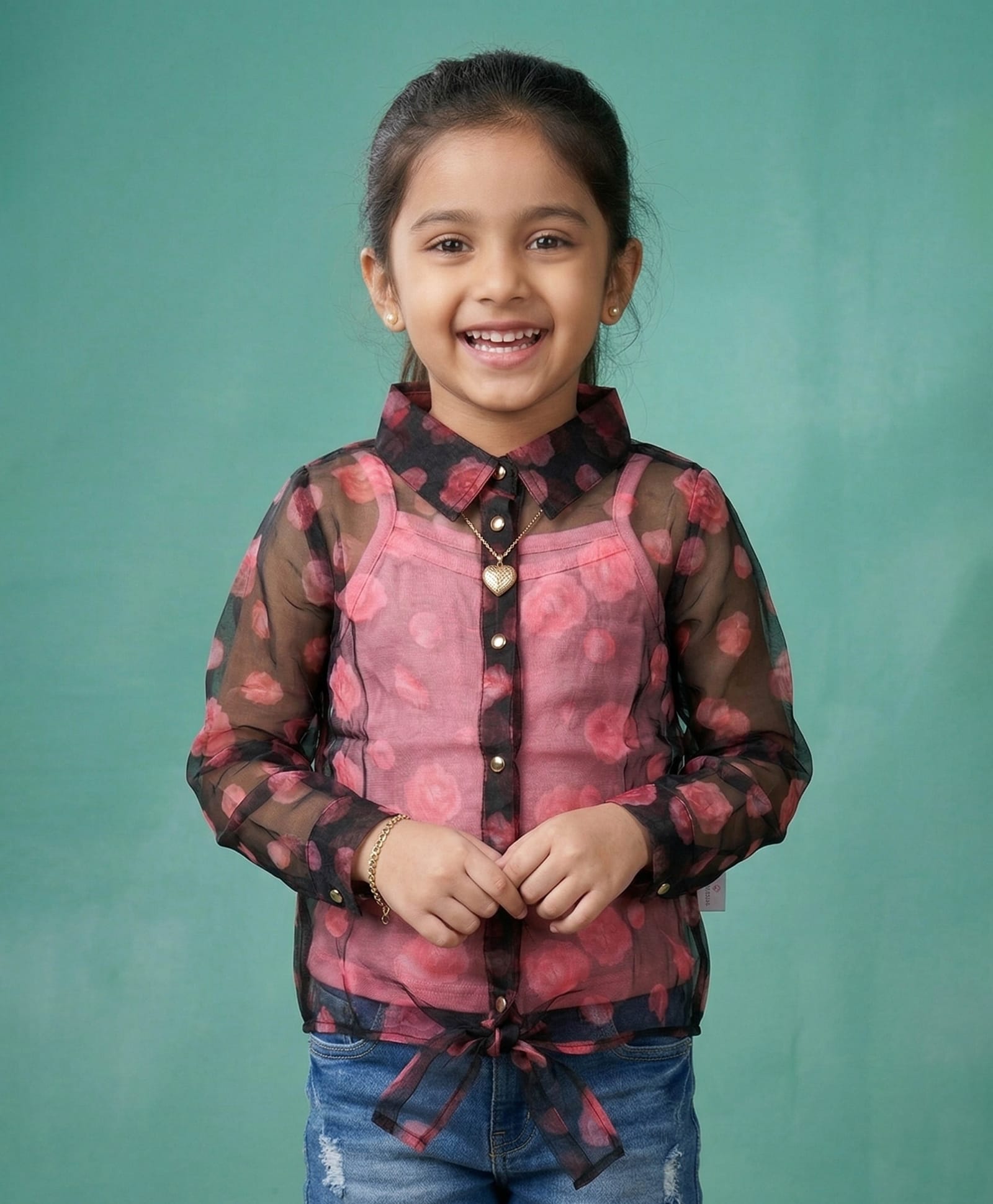 Kiddopanti Cotton Knit Full Sleeves Floral Printed Tie Up Detailed Shirt Style Top With Inner Set - Black & Neon Pink-picture-26