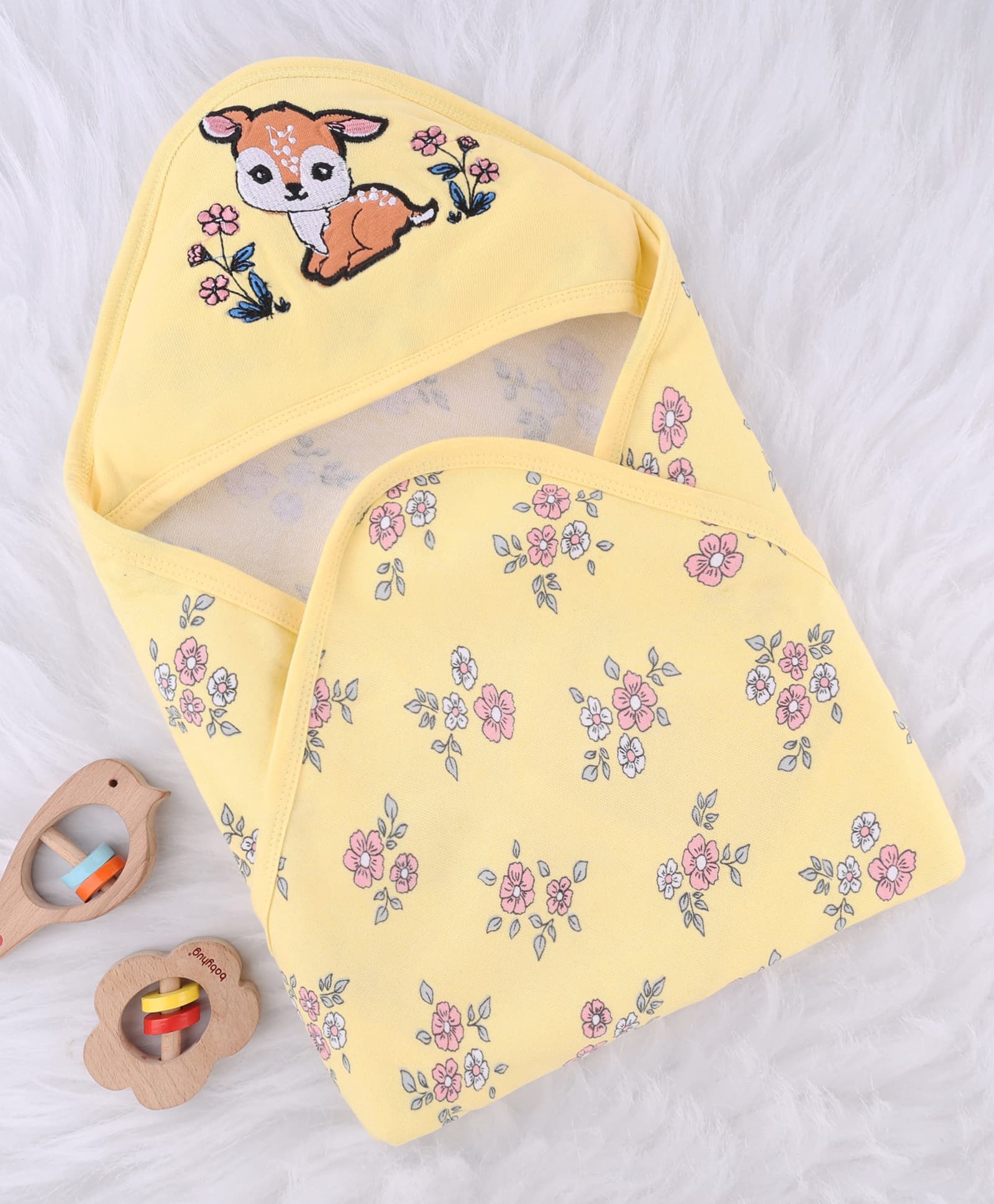 Babyhug Cotton Knit Hooded Towel With Floral Print & Deer Embroidery L 75 x B 75 cm - Yellow-image-41