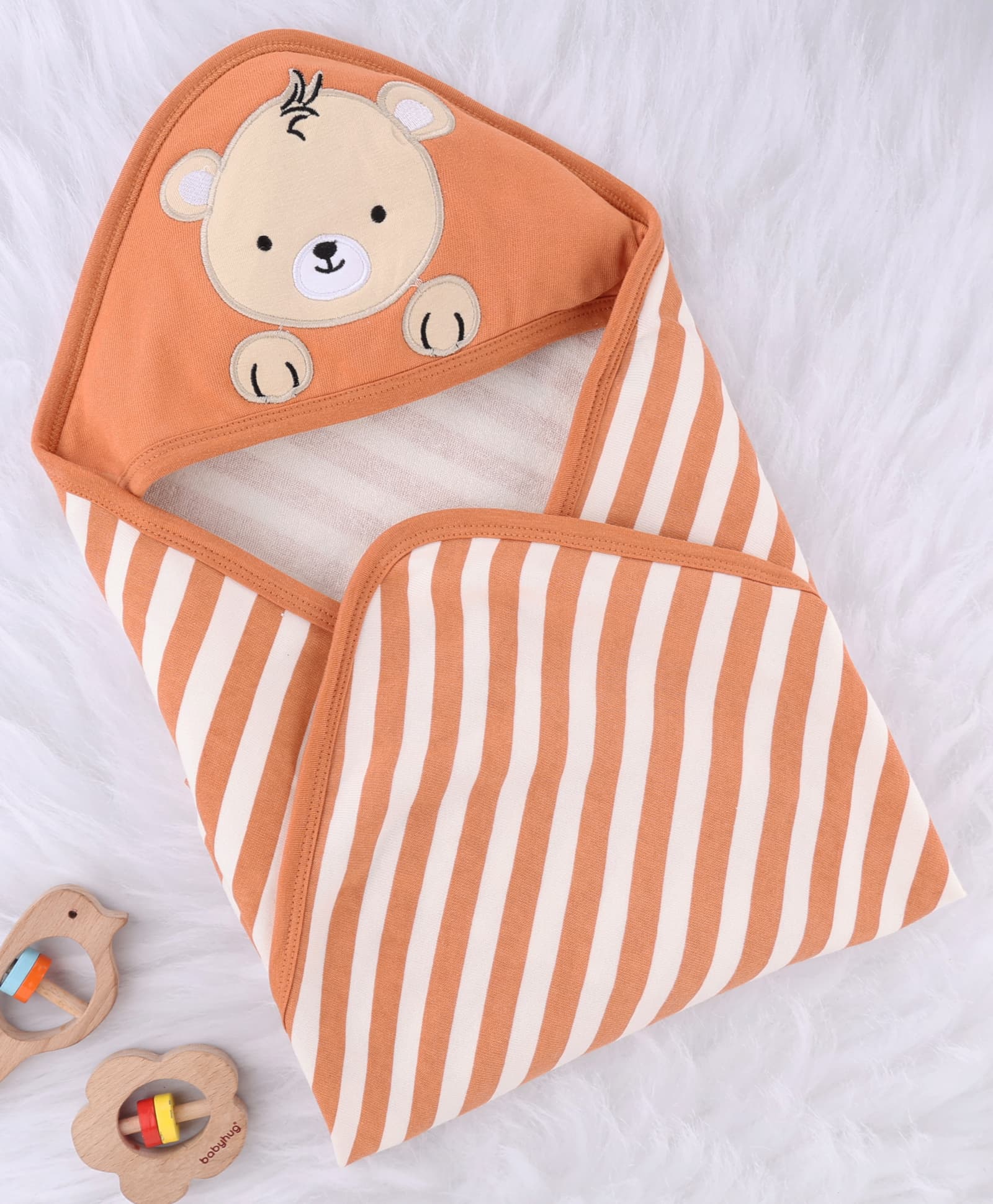 Babyhug Cotton Knit Hooded Towel With Striped & Bear Patch L 75 x B 75 cm - Dark Peach-image-36