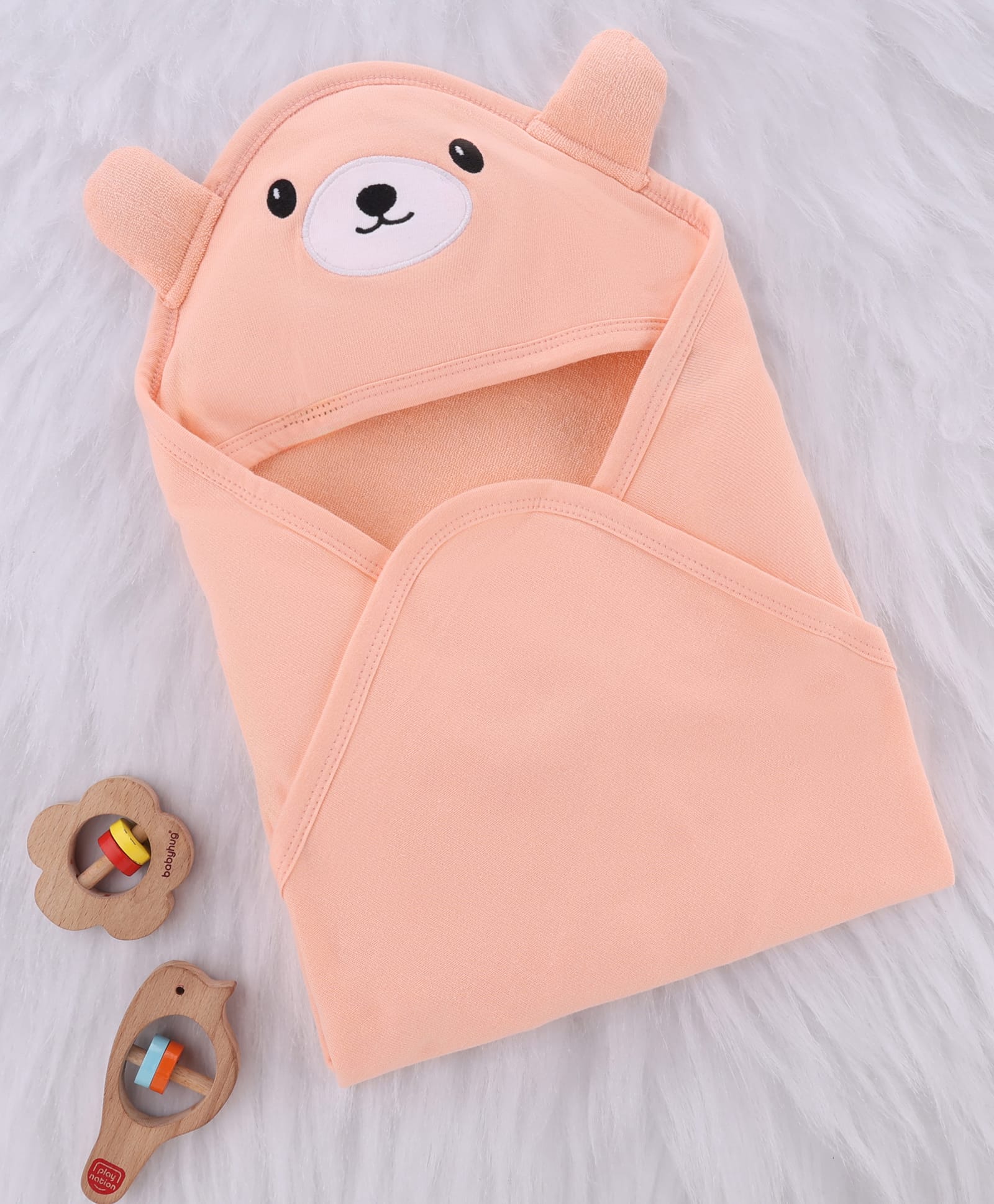 Babyhug Cotton Knit Towel With Hood L 75 x B 75 cm - Peach-picture-27