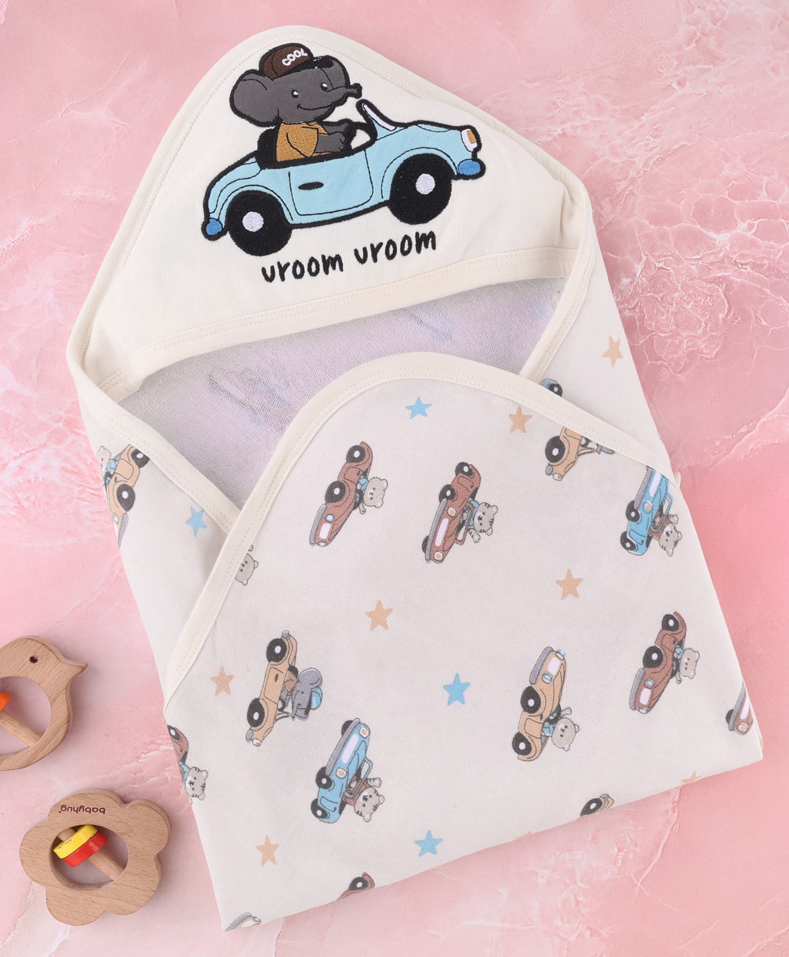 Babyhug Cotton Knit Hooded Towel With Car Print & Elephant Embroidery L 75 x B 75 cm - White-image-40