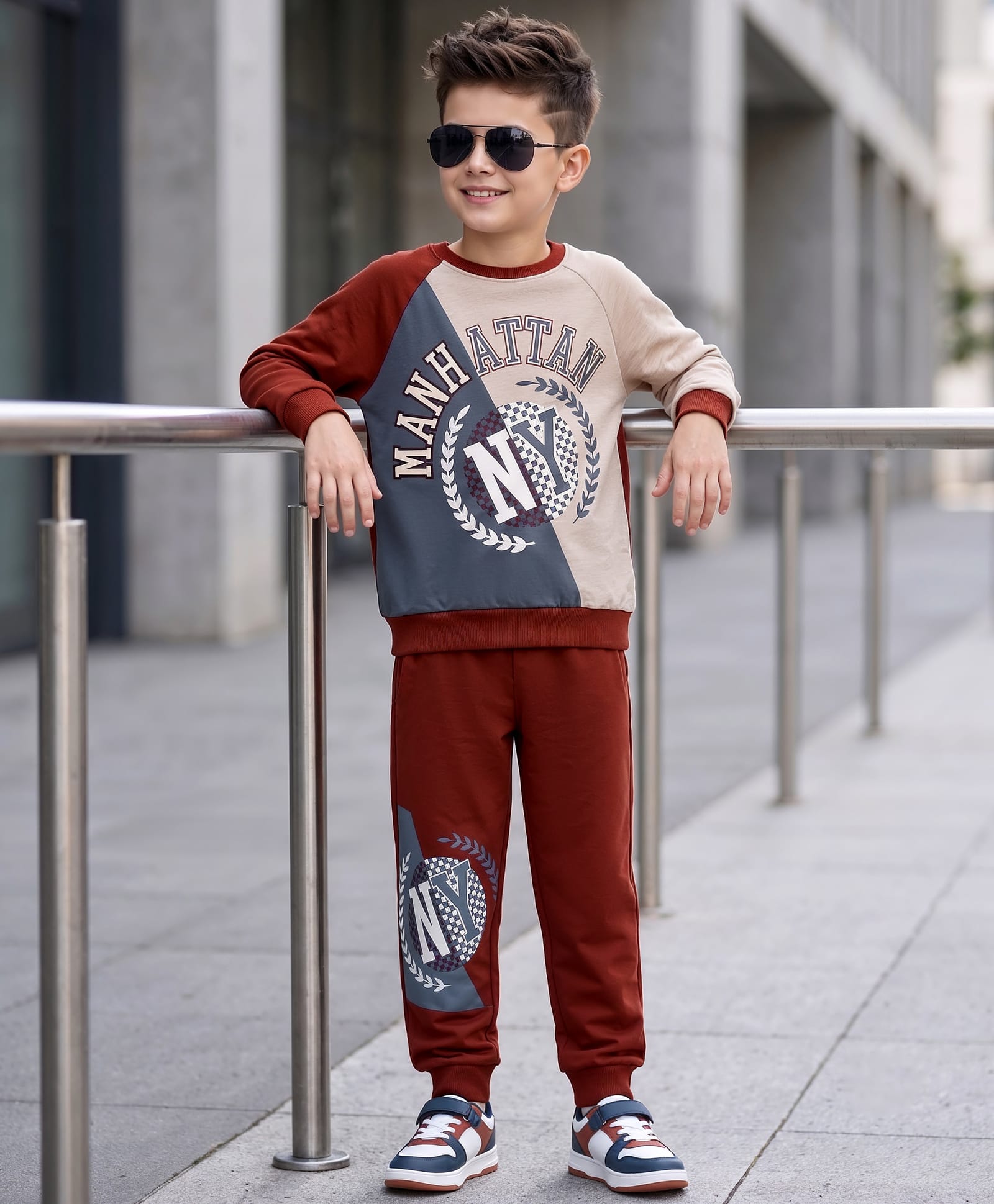 OLLINGTON ST. Cotton Knit Raglan Full Sleeve Text Printed Cut N Sew Sweatshirt & Joggers Set - Multicolour & Brown-image-49