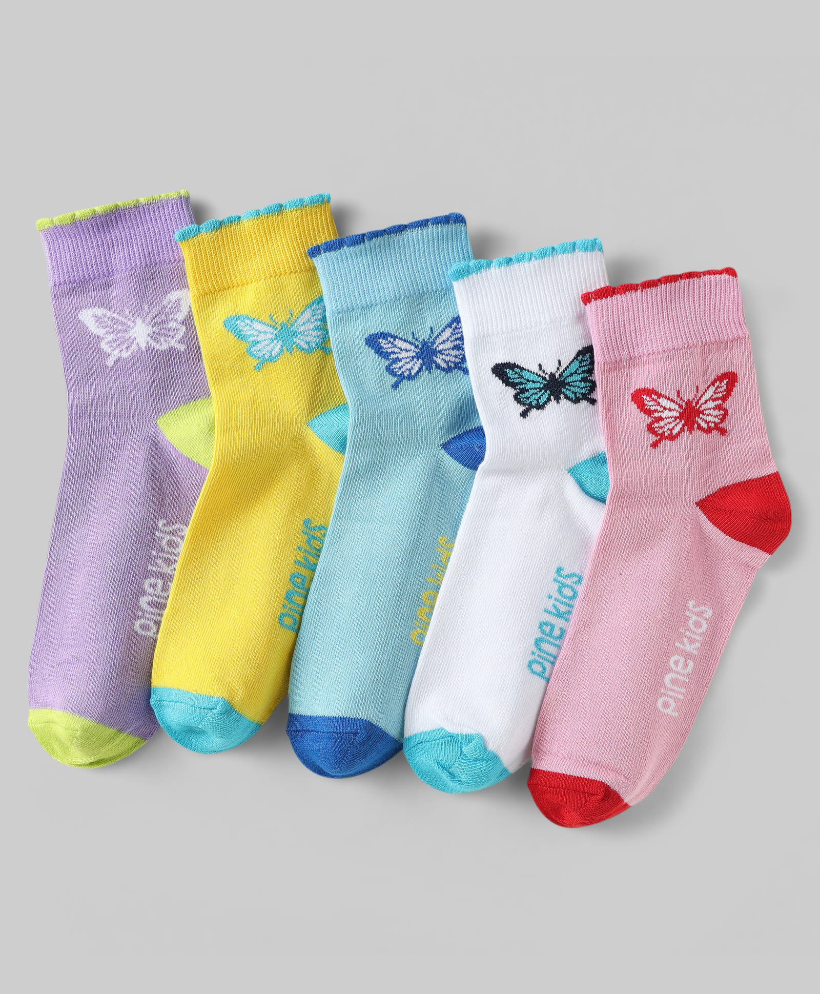 Pine Kids Knit Ankle Length Butterfly Designed Socks Pack of 5 - Multicolour-picture-2