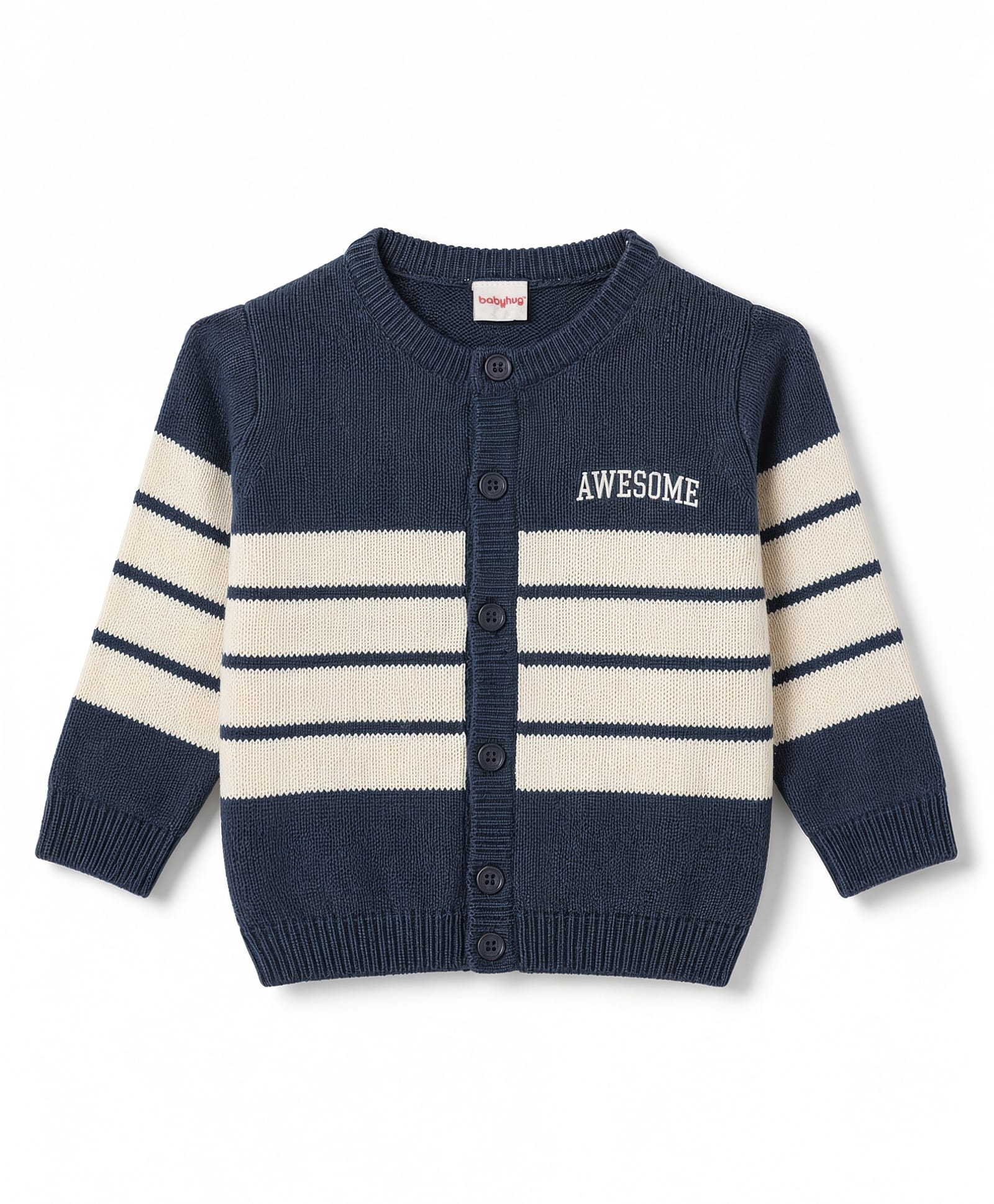 Babyhug Knit Full Sleeves Striped & Text Printed Front Open Sweater - Navy Blue-picture-22
