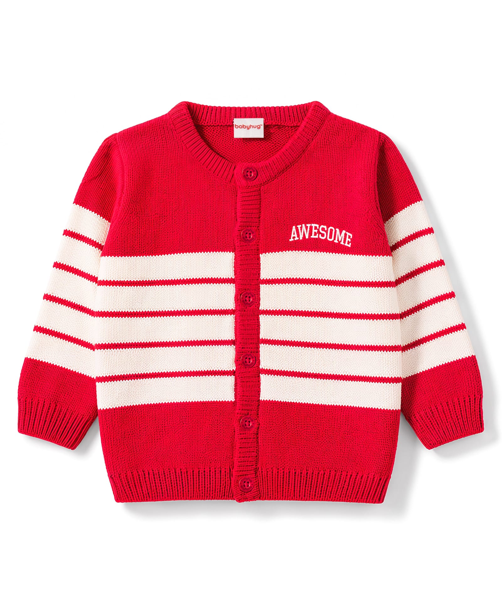 Babyhug Knit Full Sleeves Front Open Striped Sweater - Dark Red-picture-19