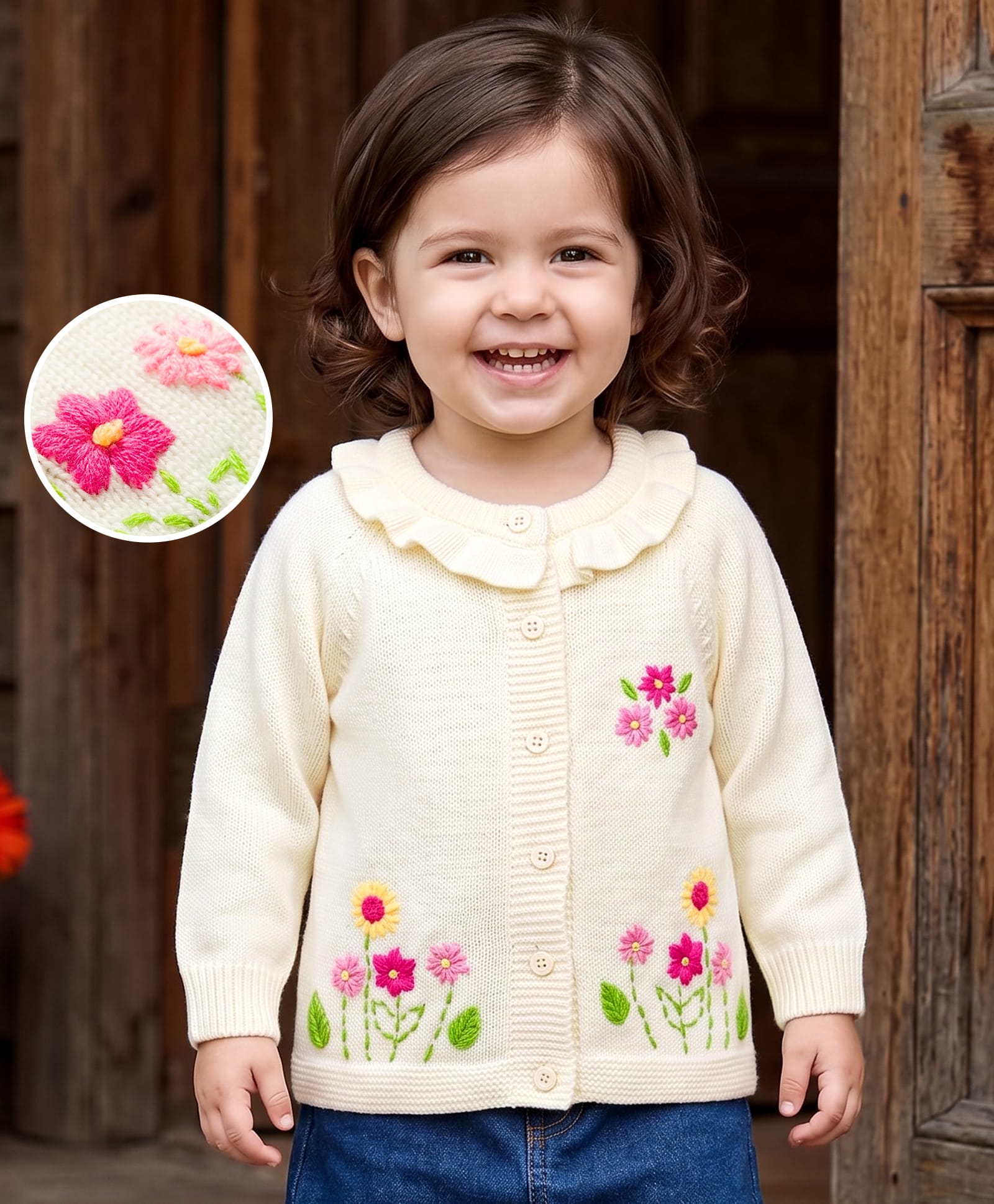 Babyhug Knit Full Sleeves Front Open Floral Embroidered Sweater - White-image-1