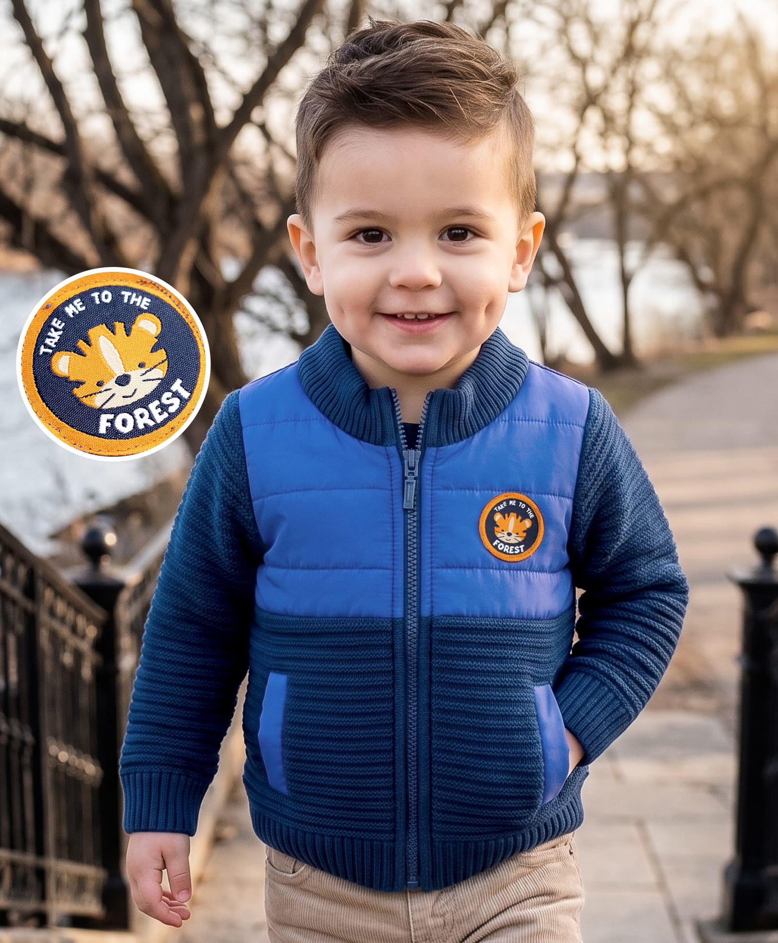 Babyhug Knit Full Sleeves Front Open Padded Sweater With Animal Patch - Blue-picture-19