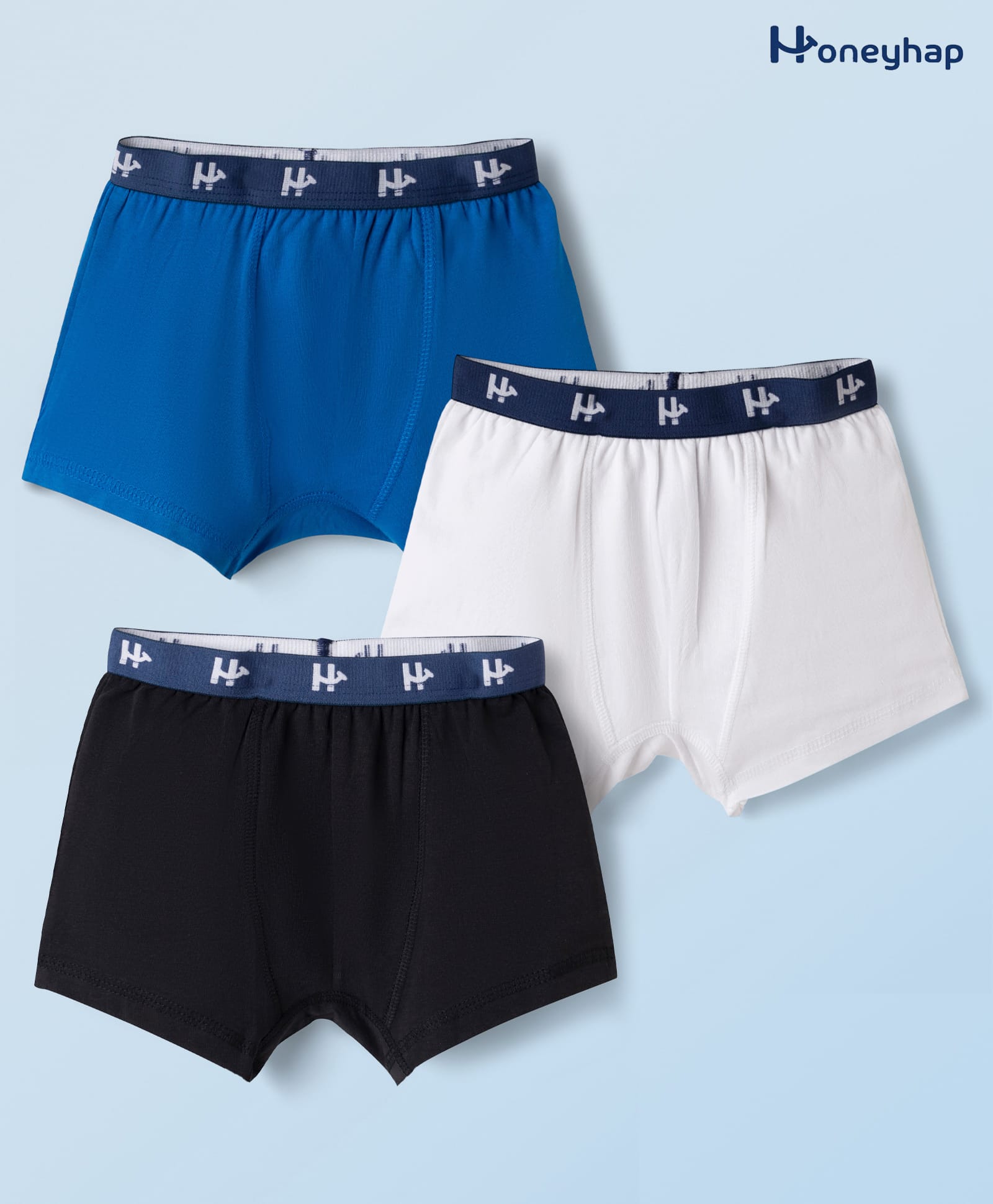 Honeyhap Premium Cotton Knit Solid Trunks With Bio Finish Pack of 3 - Black Beauty Blue Aster & Bright White-image-4