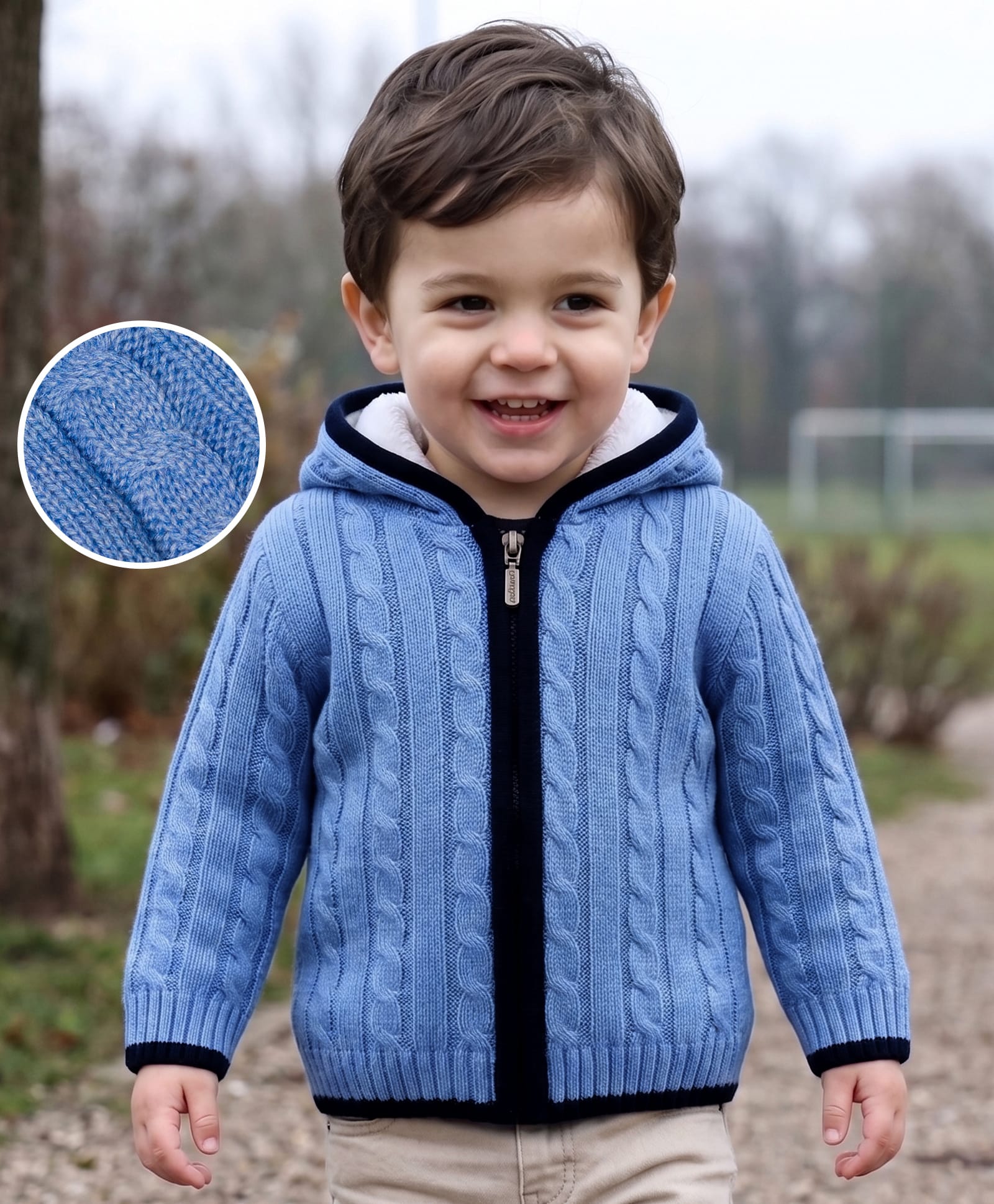 Babyhug Knit Full Sleeves Cable Knit Hooded Sweater - Blue-image-37