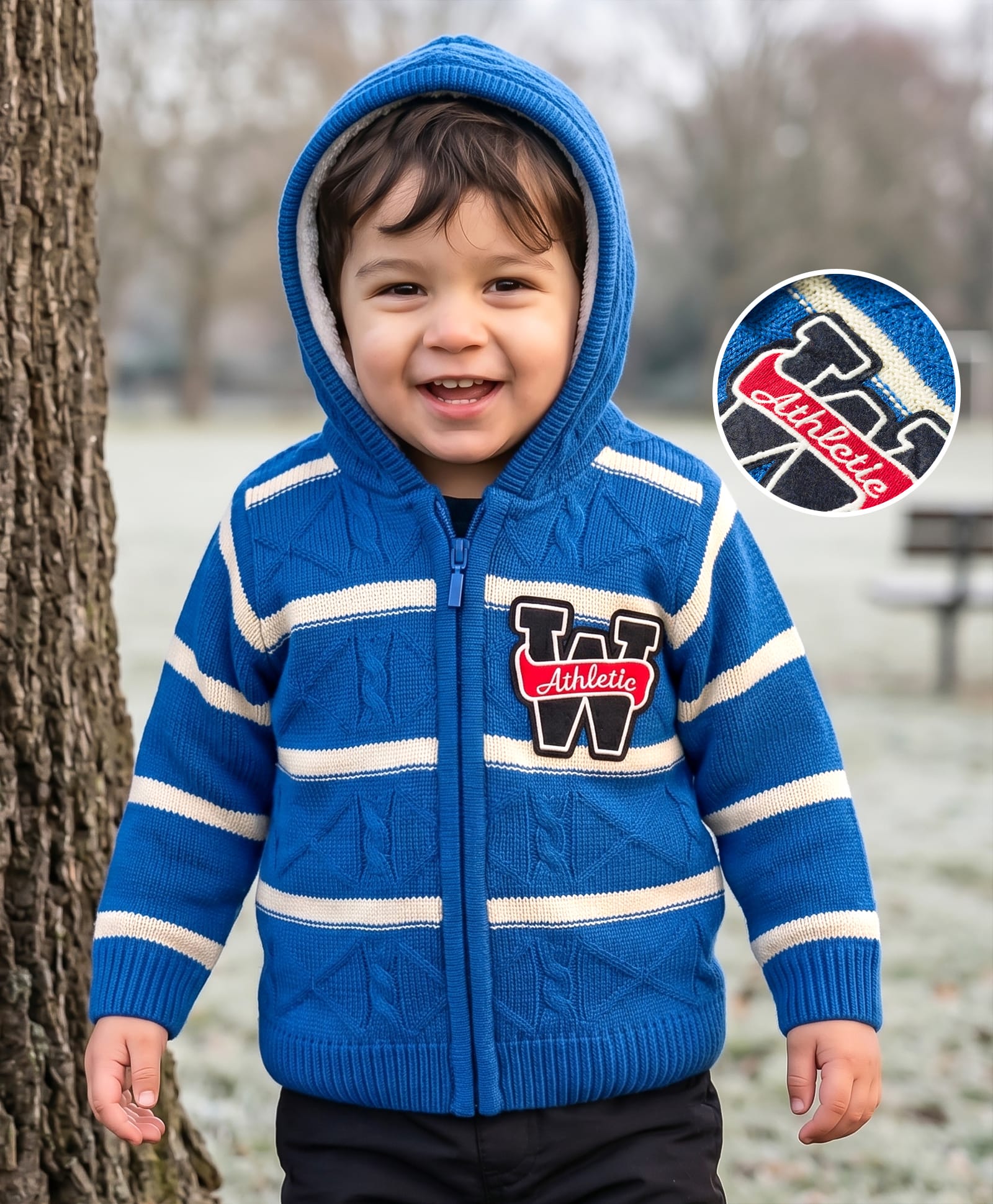 Babyhug Knit Full Sleeves Striped Hooded Sweater with Patch Deatailing - Royal Blue-image-27