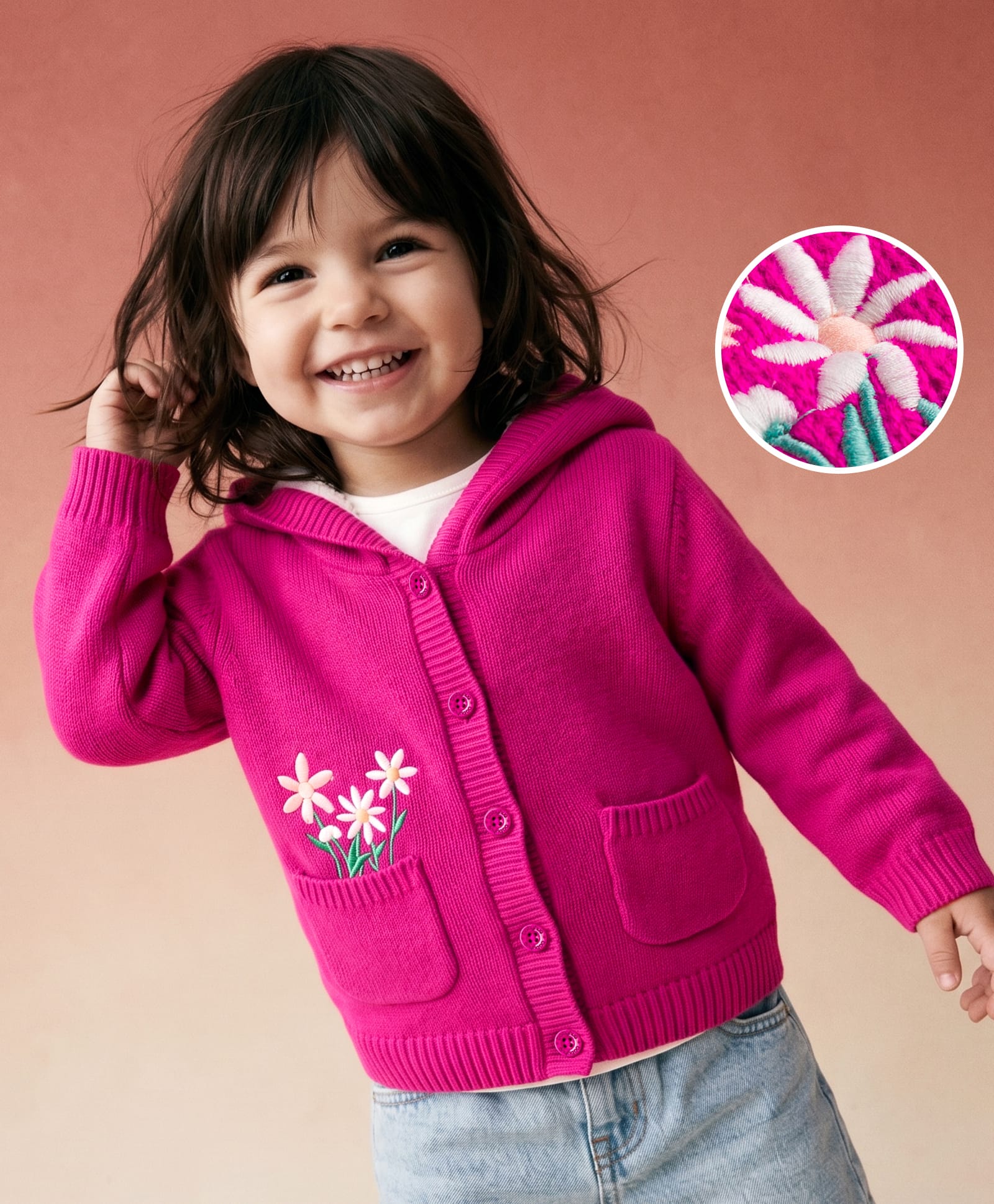 Babyhug Knit Full Sleeves Floral Embroidered Hooded Sweater - Dark Pink-picture-16