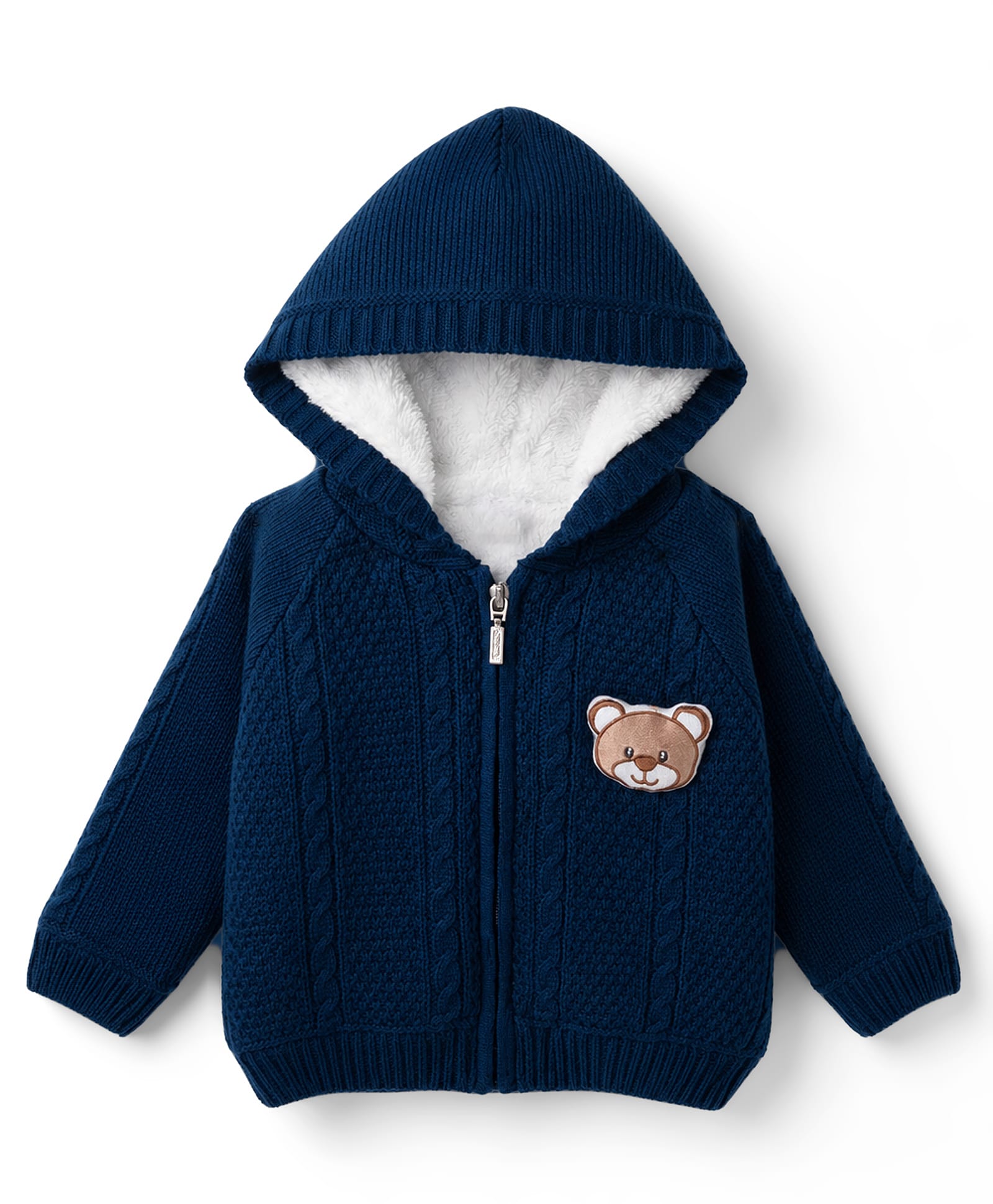 Babyhug Knit Full Raglan Sleeves Front Open Hooded Sweater with Cable Knit Design & Bear Applique - Navy-picture-12