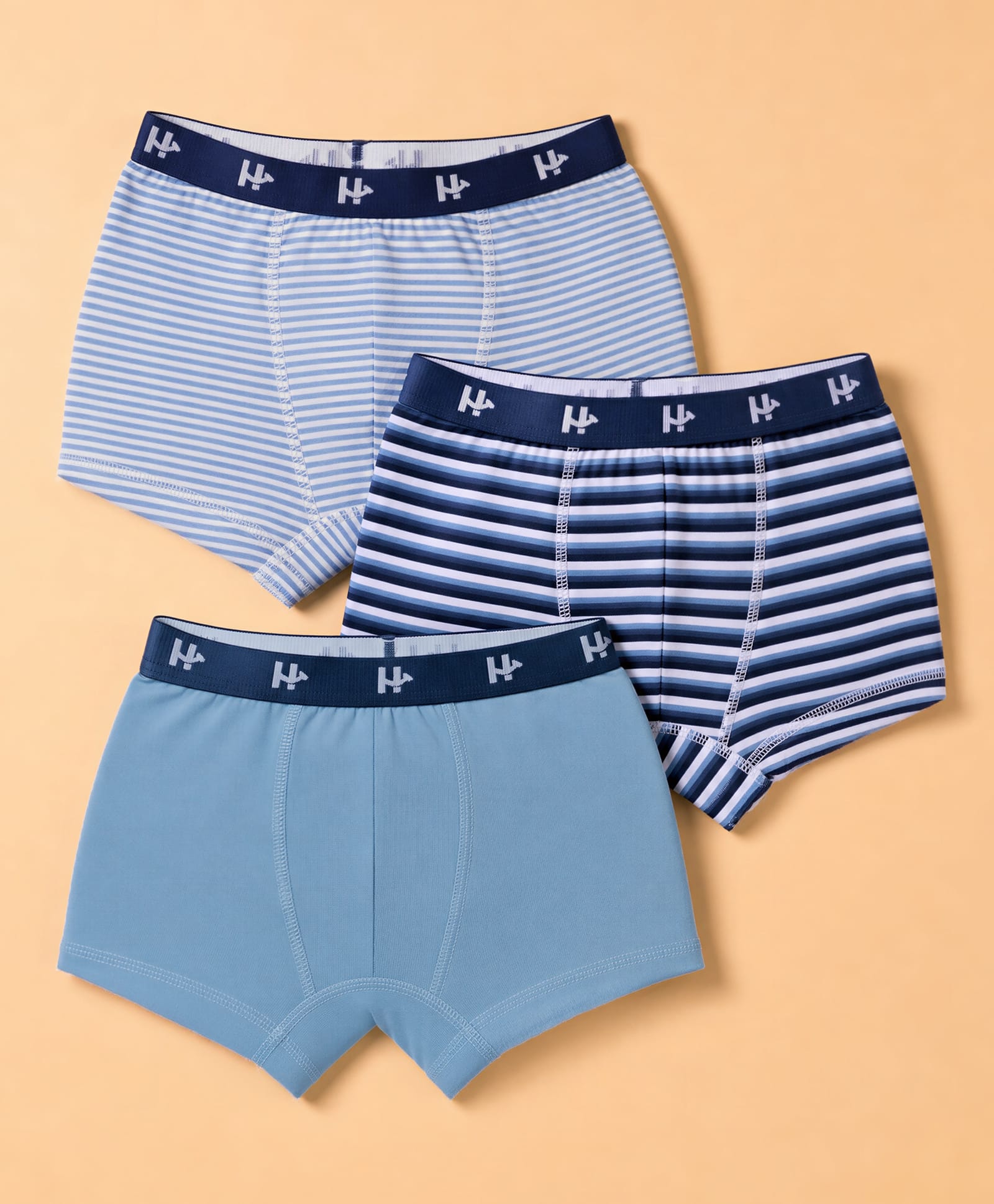 Honeyhap Premium 95% Cotton 5% Spandex Knit Striped Trunks With Bio Finish Pack of 3 - Bright White/Blissful Blue/Black-picture-18