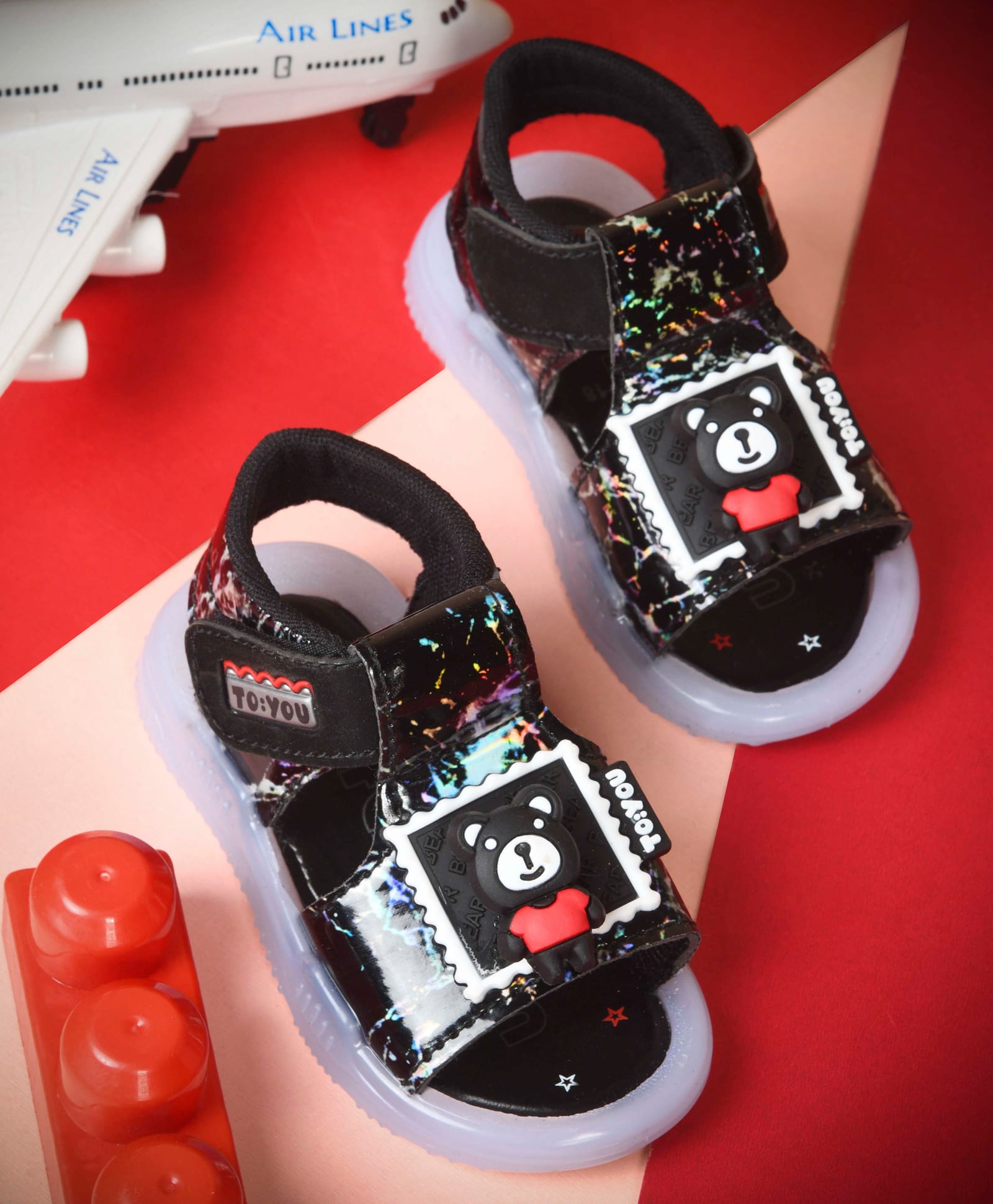 KATS Bear Applique Detailed Velcro Closure LED Sandals - Black-picture-13
