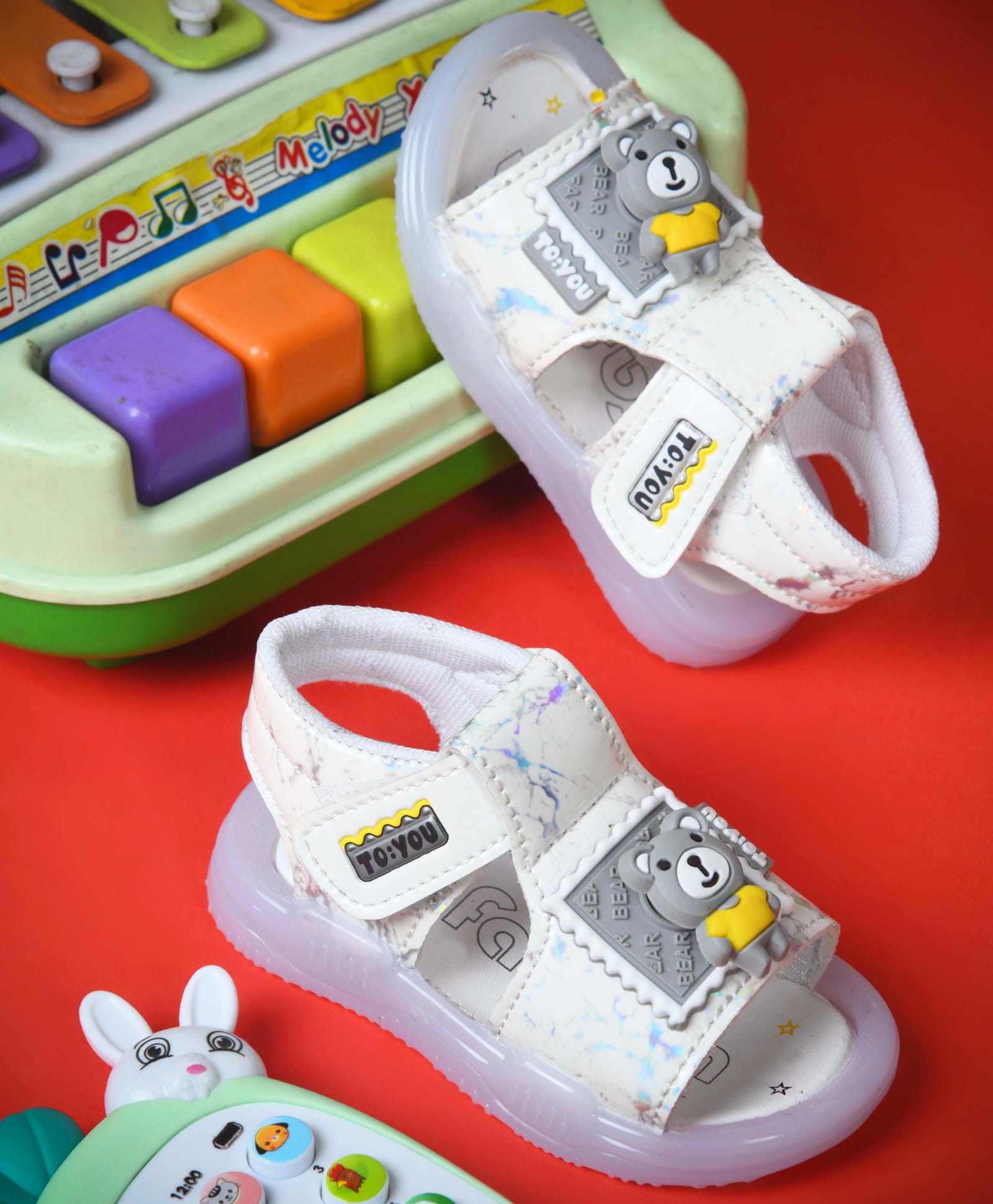 KATS Bear Applique Detailed Velcro Closure LED Sandals - White-picture-13