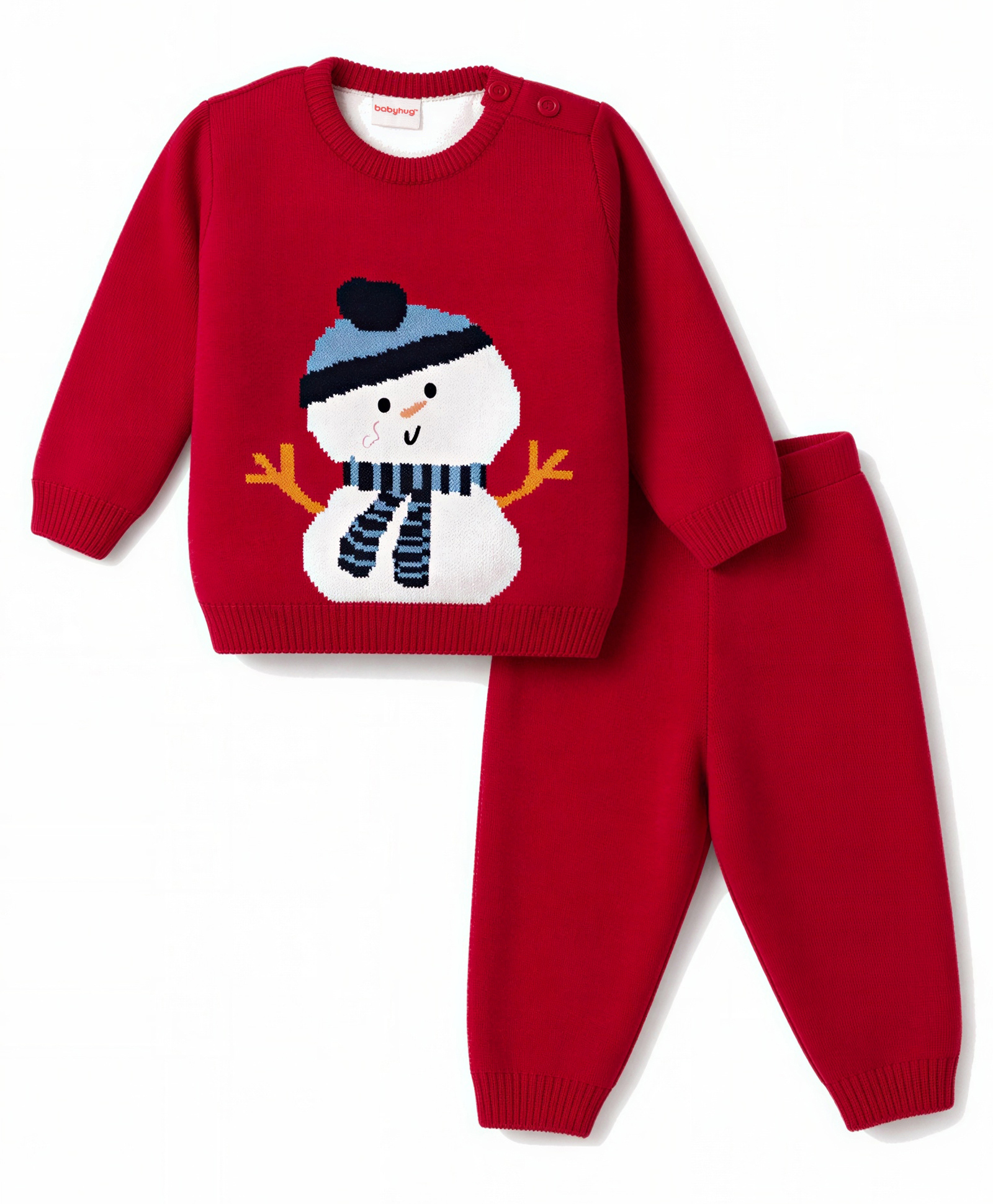 Babyhug Knit Full Sleeves Sweater Set with Snow Man Design - Red-picture-20