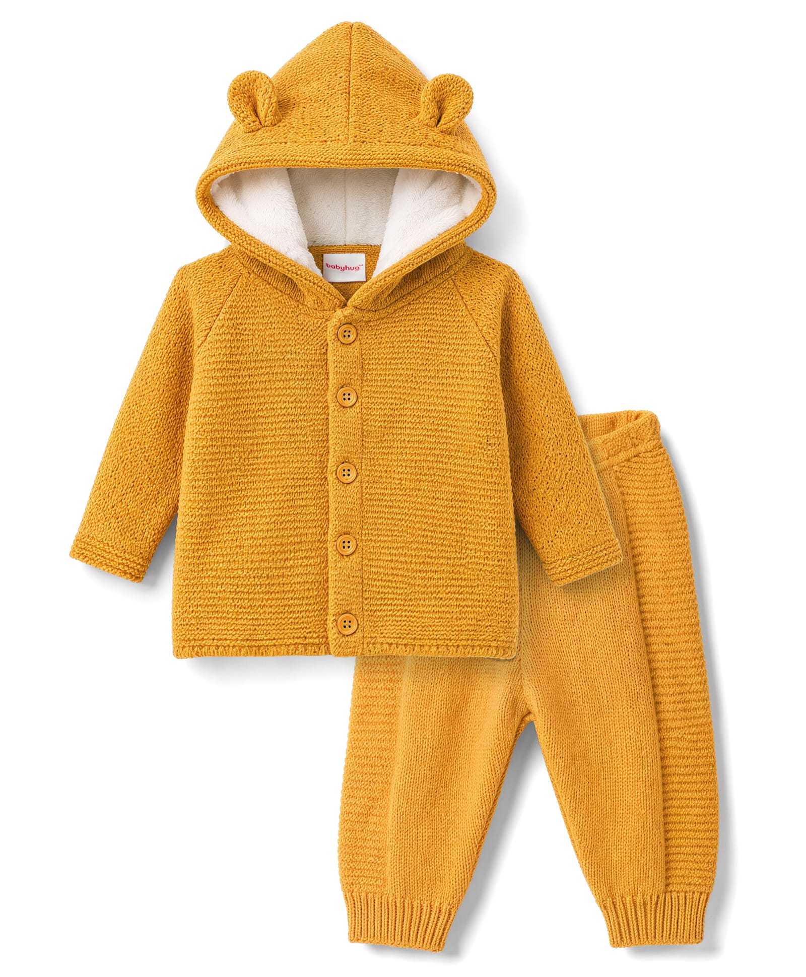 Babyhug Knit Full Raglan Sleeves Solid Colour Hooded Sweater Set with Ear Applique- Yellow-image-42