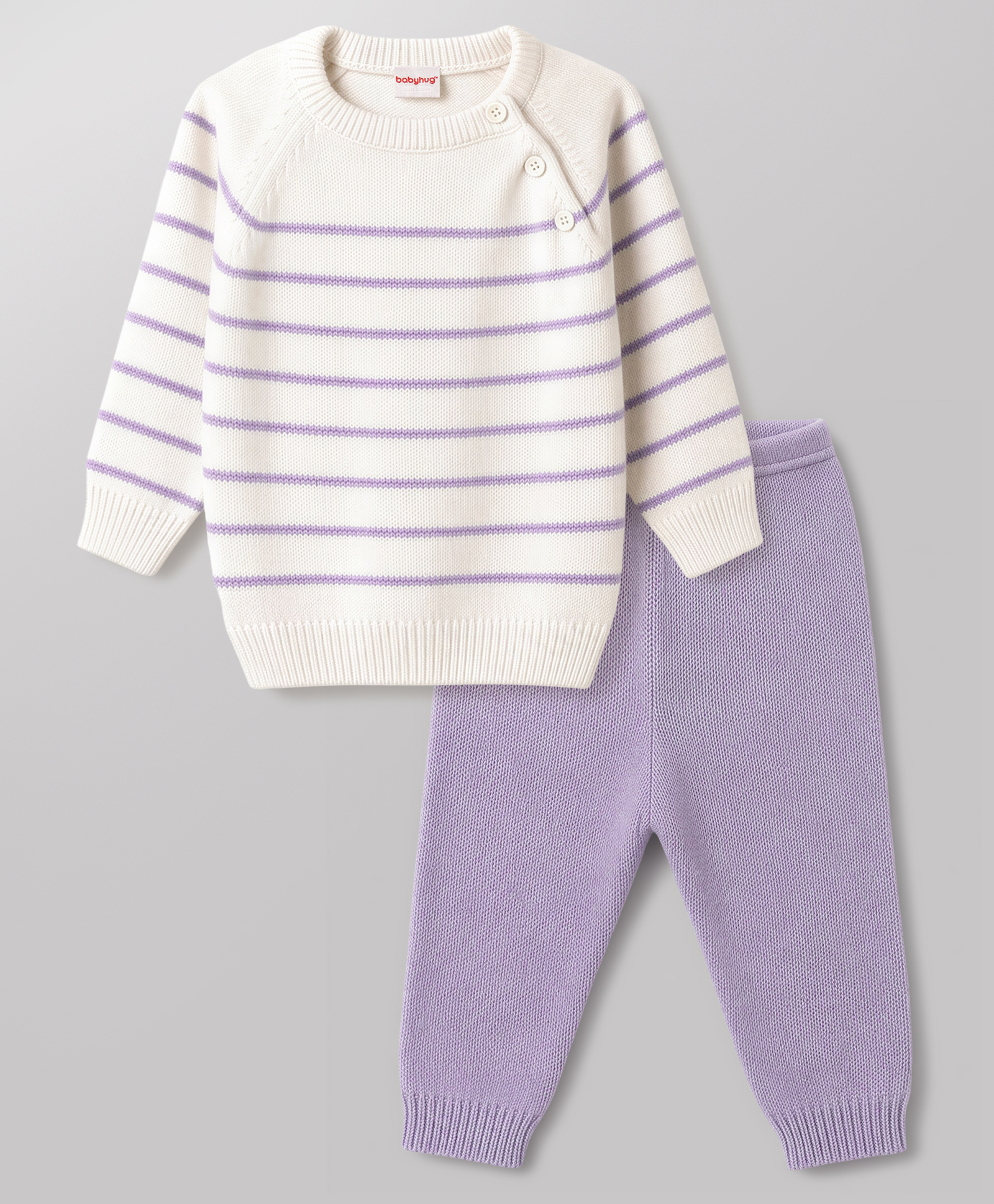 Babyhug Knit Full Raglan Sleeves Sweater Set with Stripes - White-image-24