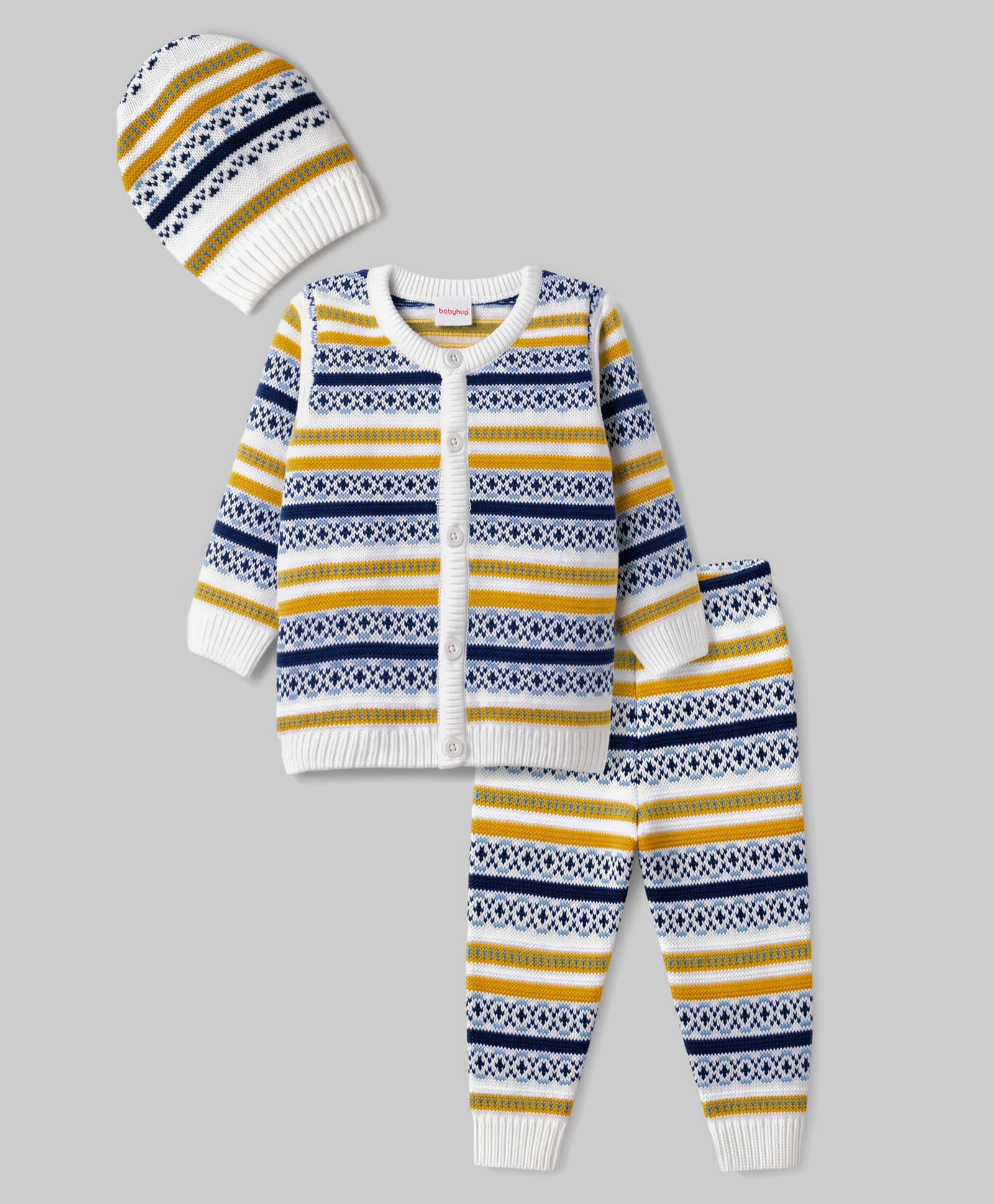 Babyhug Knit Full Sleeves Striped Sweater Set with Cap - White & Navy-picture-35