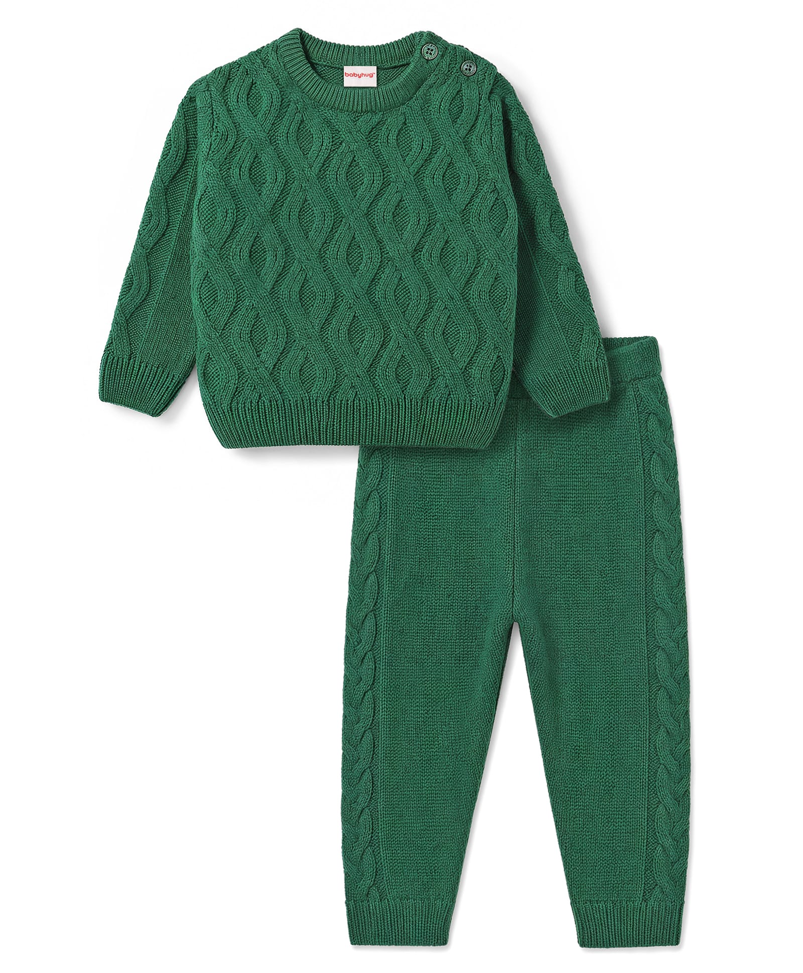 Babyhug Knit Full Sleeves Solid Colour Sweater Set with Cable Knit Design - Dark Green-picture-30